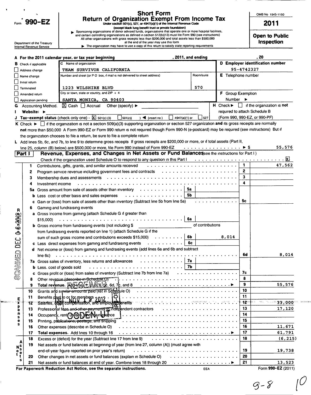 Image of first page of 2011 Form 990EZ for Team Survivor California