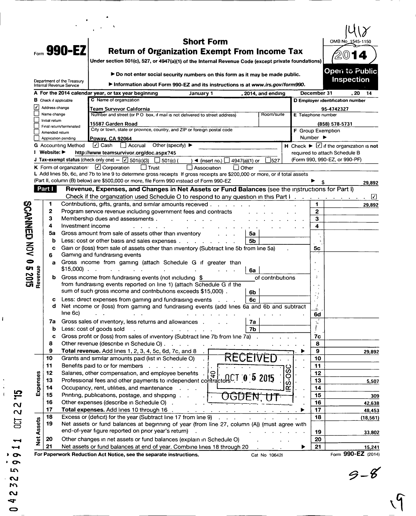 Image of first page of 2014 Form 990EZ for Team Survivor California