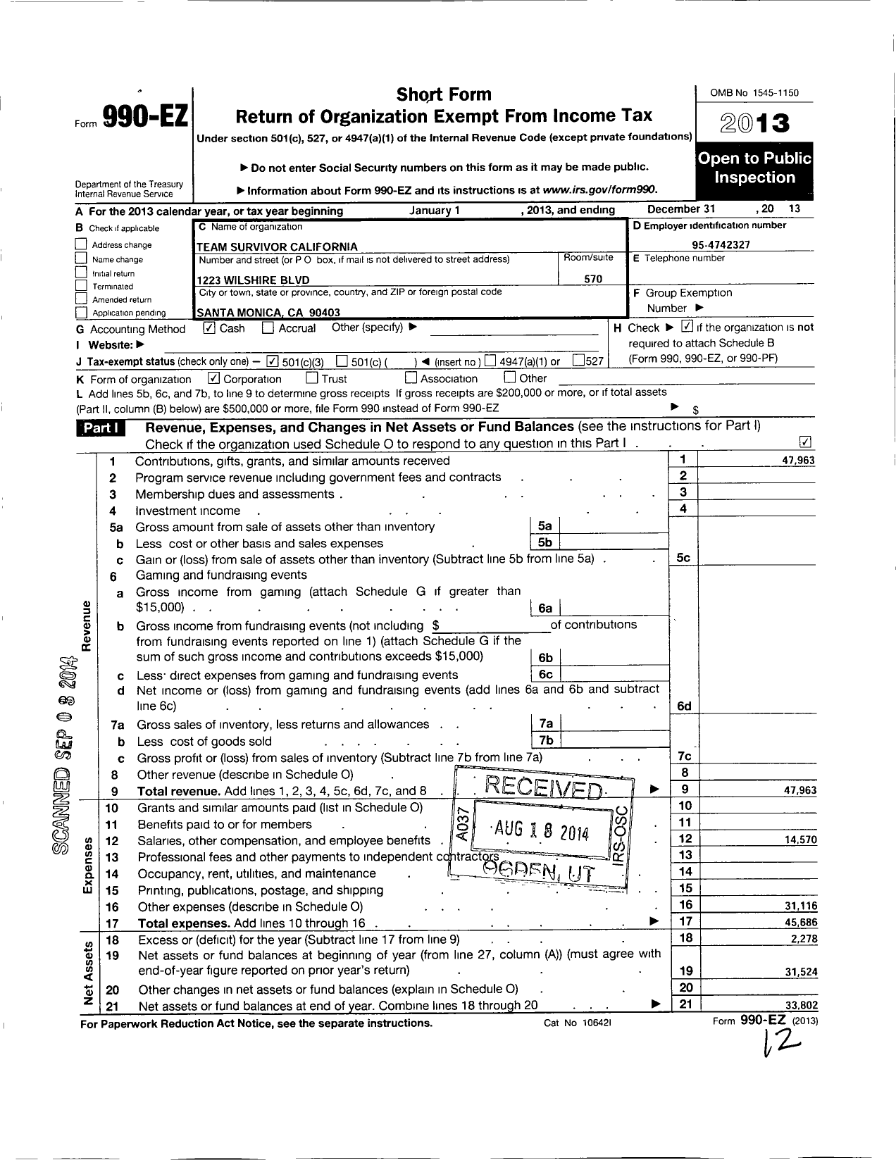 Image of first page of 2013 Form 990EZ for Team Survivor California