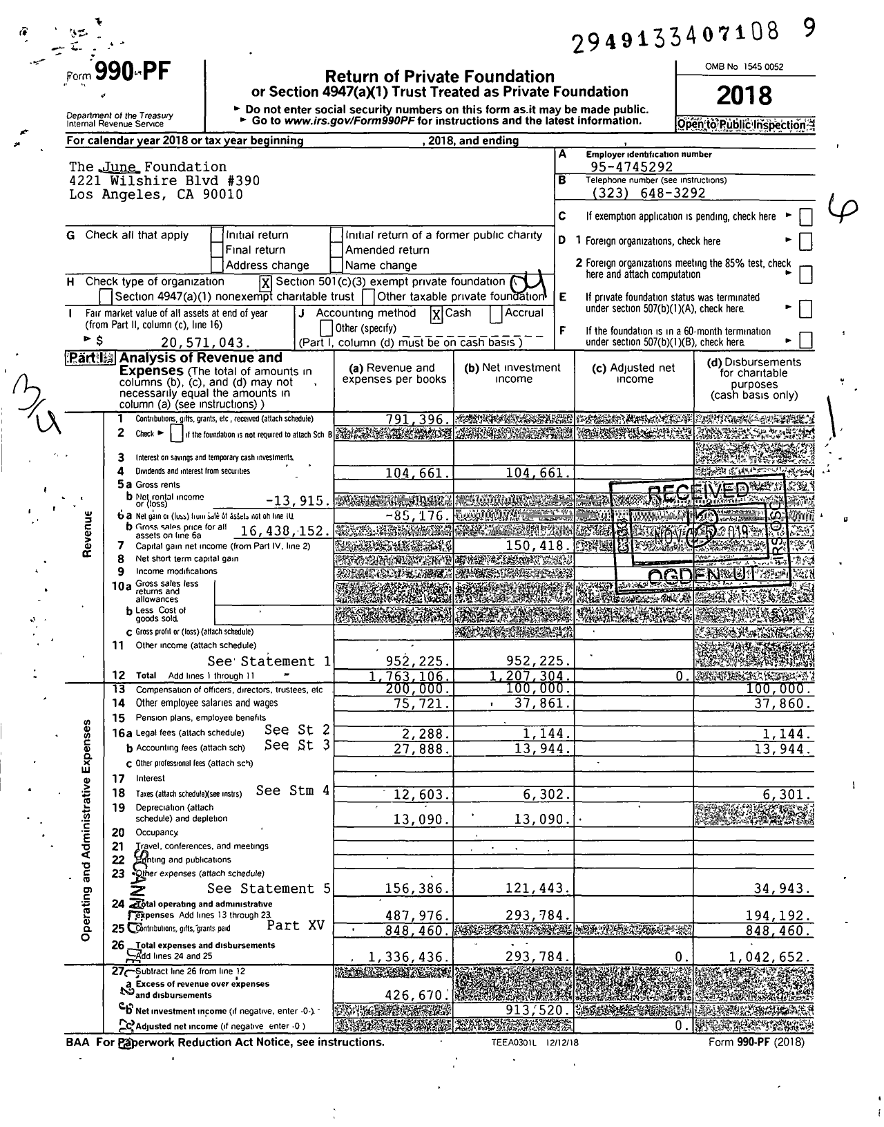 Image of first page of 2018 Form 990PF for The June Foundation