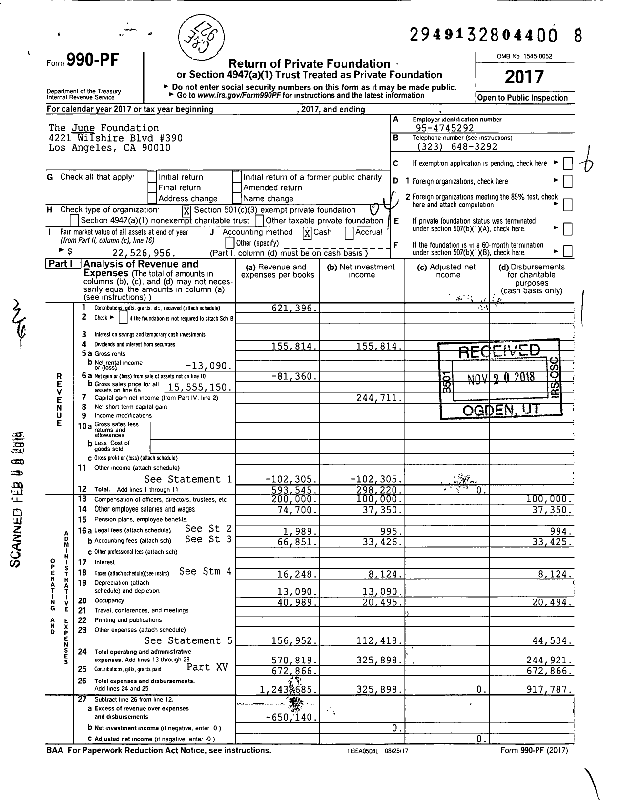 Image of first page of 2017 Form 990PF for The June Foundation