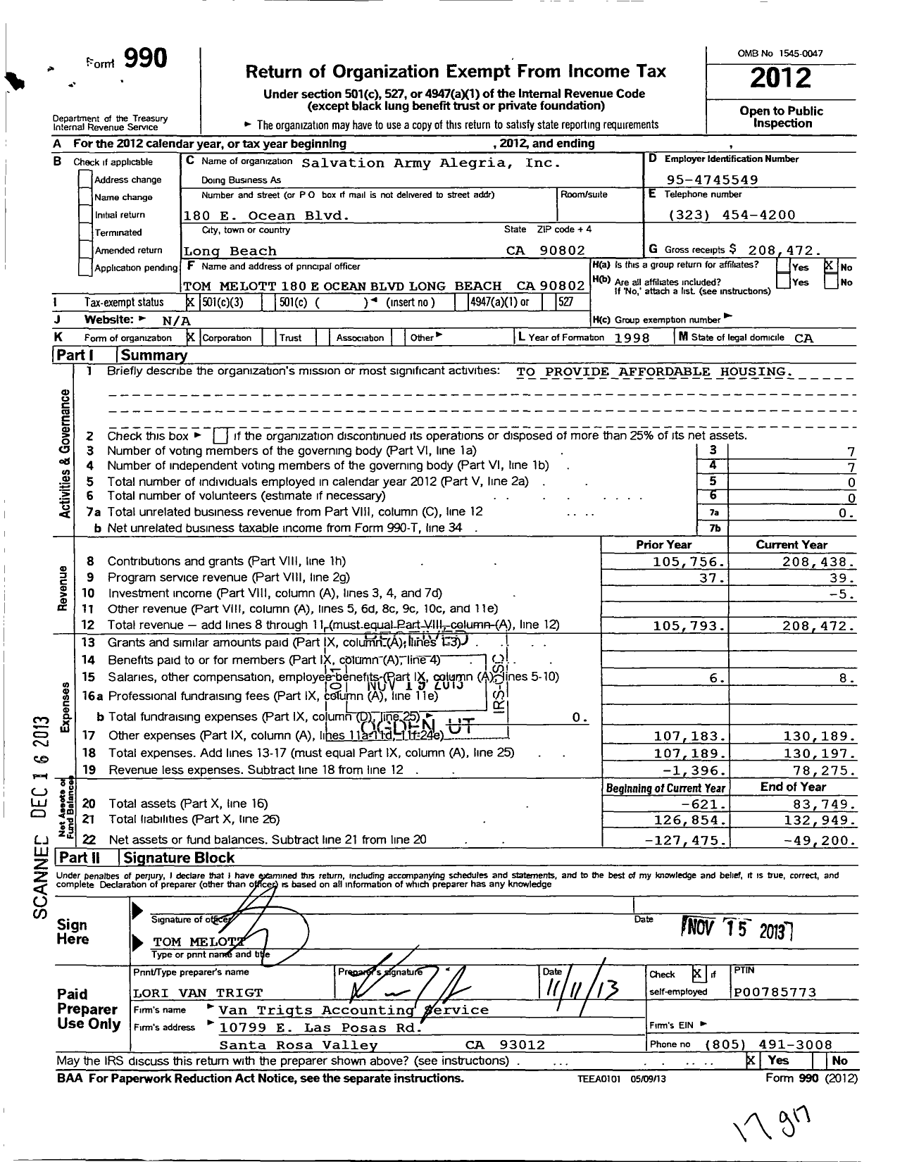 Image of first page of 2012 Form 990 for The Salvation Army Alegria