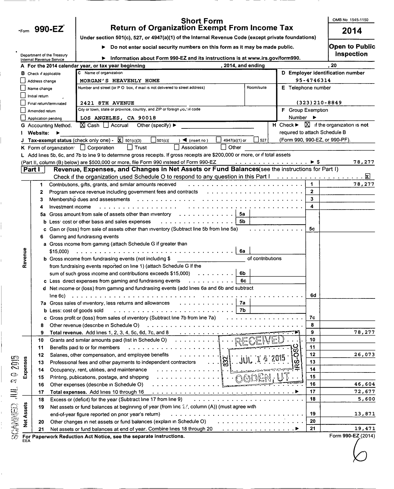 Image of first page of 2014 Form 990EZ for Morgans Heavenly Home