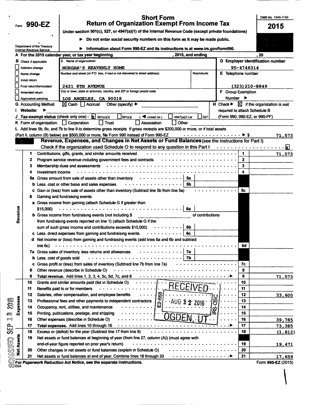 Image of first page of 2015 Form 990EZ for Morgans Heavenly Home