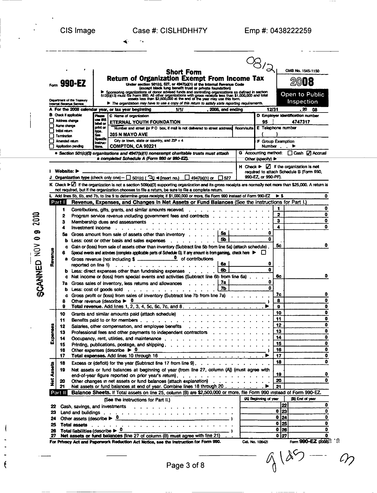 Image of first page of 2008 Form 990EZ for Eternal Youth Foundation