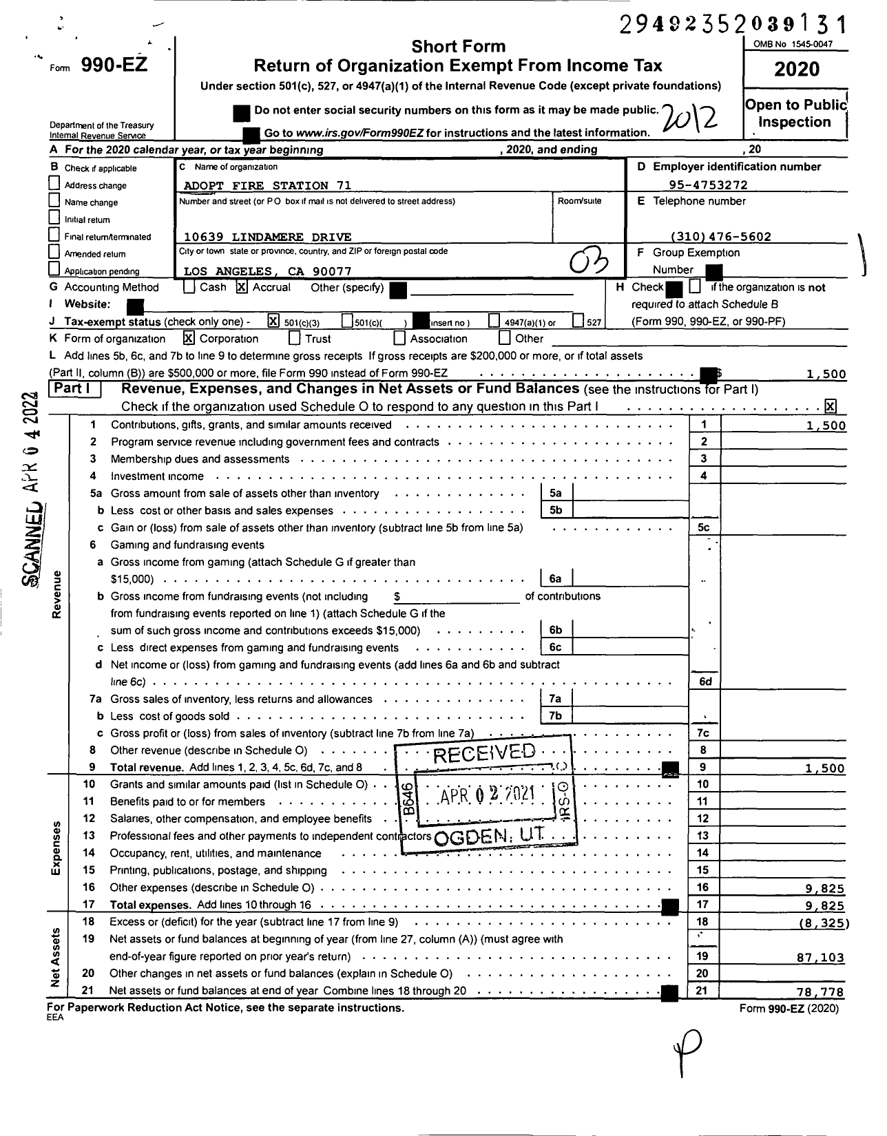 Image of first page of 2020 Form 990EZ for Adopt Fire Station 71