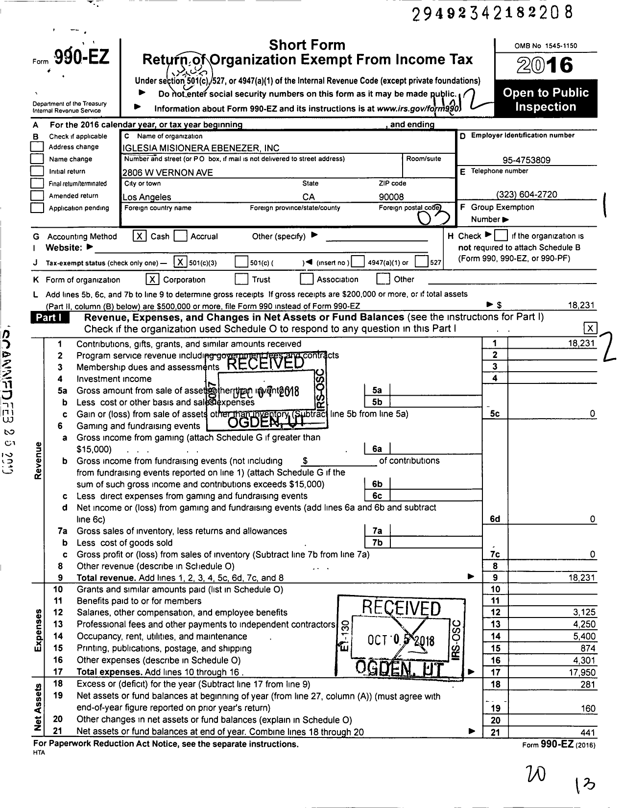 Image of first page of 2016 Form 990EZ for Iglesia Misionera Ebenezer