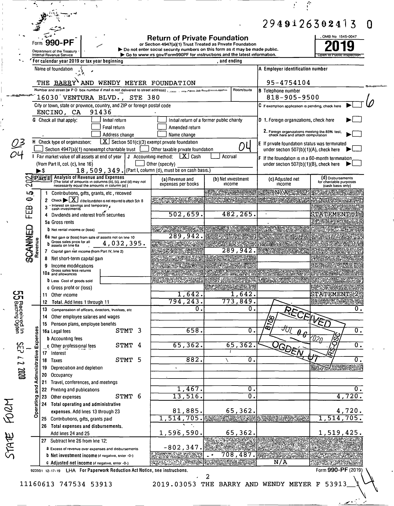 Image of first page of 2019 Form 990PF for The Barry and Wendy Meyer Foundation