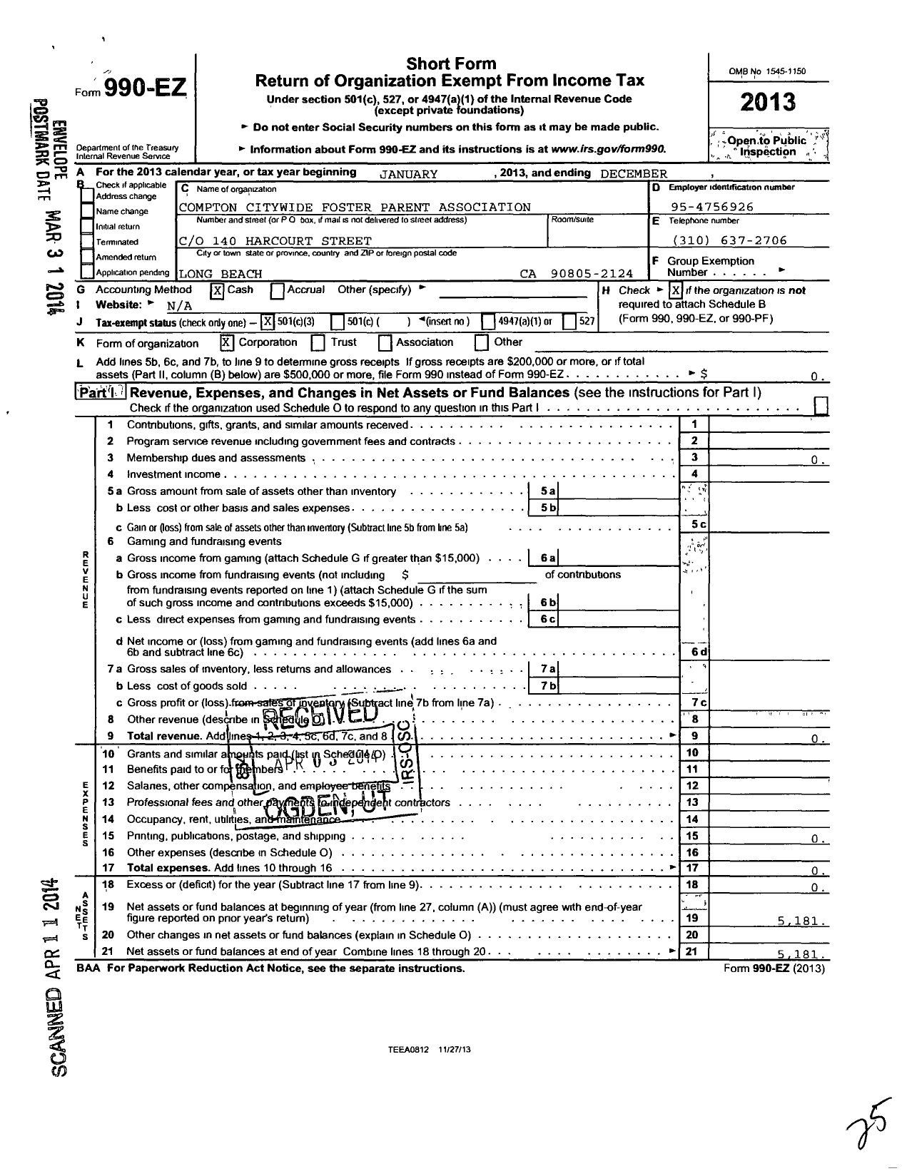 Image of first page of 2013 Form 990EZ for California State Foster Parents Association