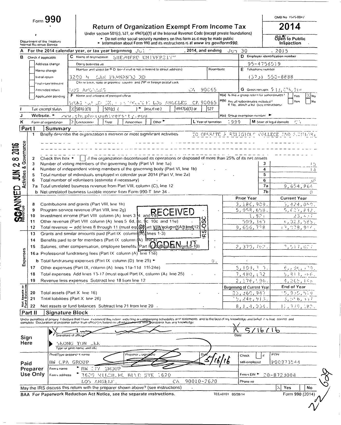 Image of first page of 2014 Form 990 for Shepherd University