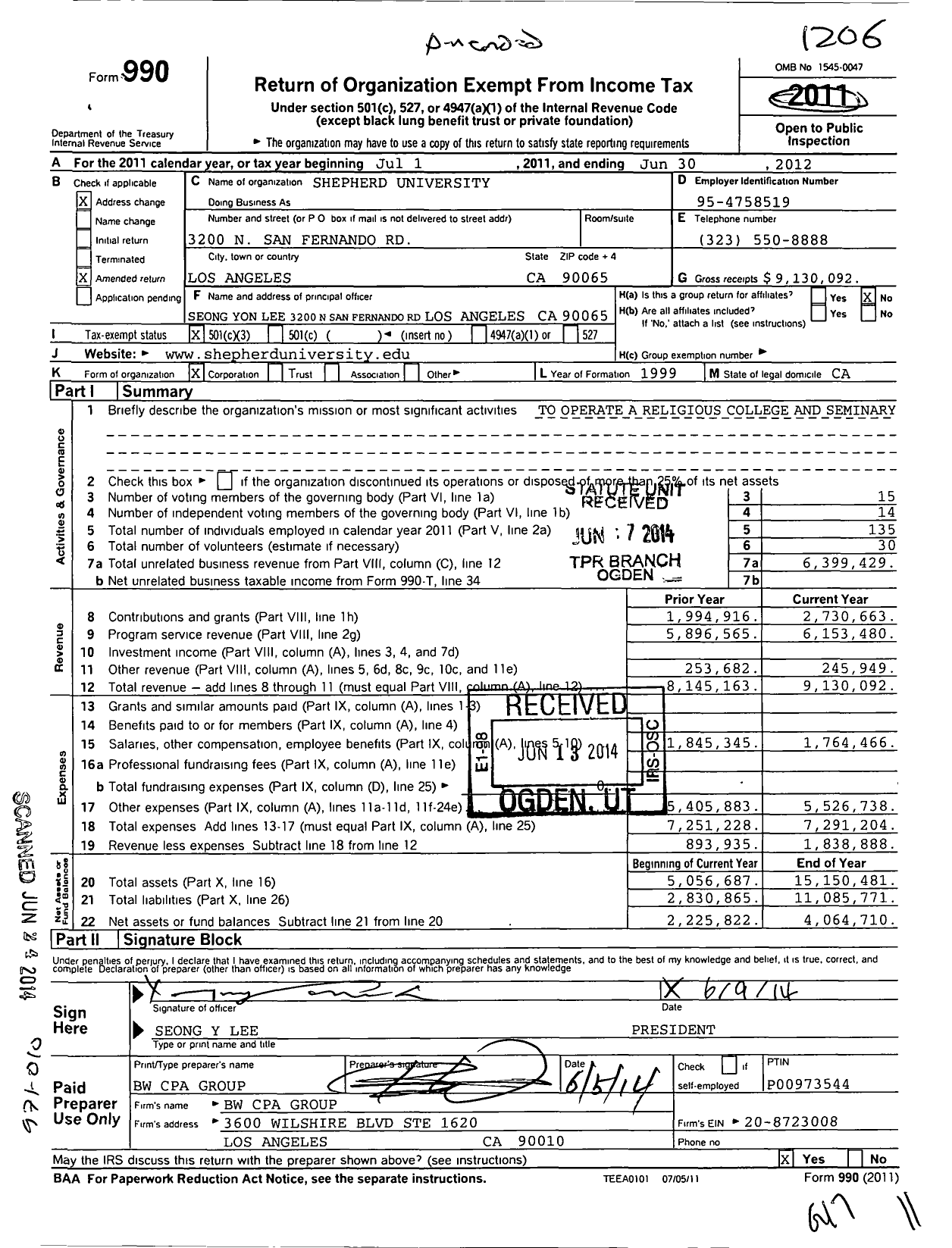 Image of first page of 2011 Form 990 for Shepherd University