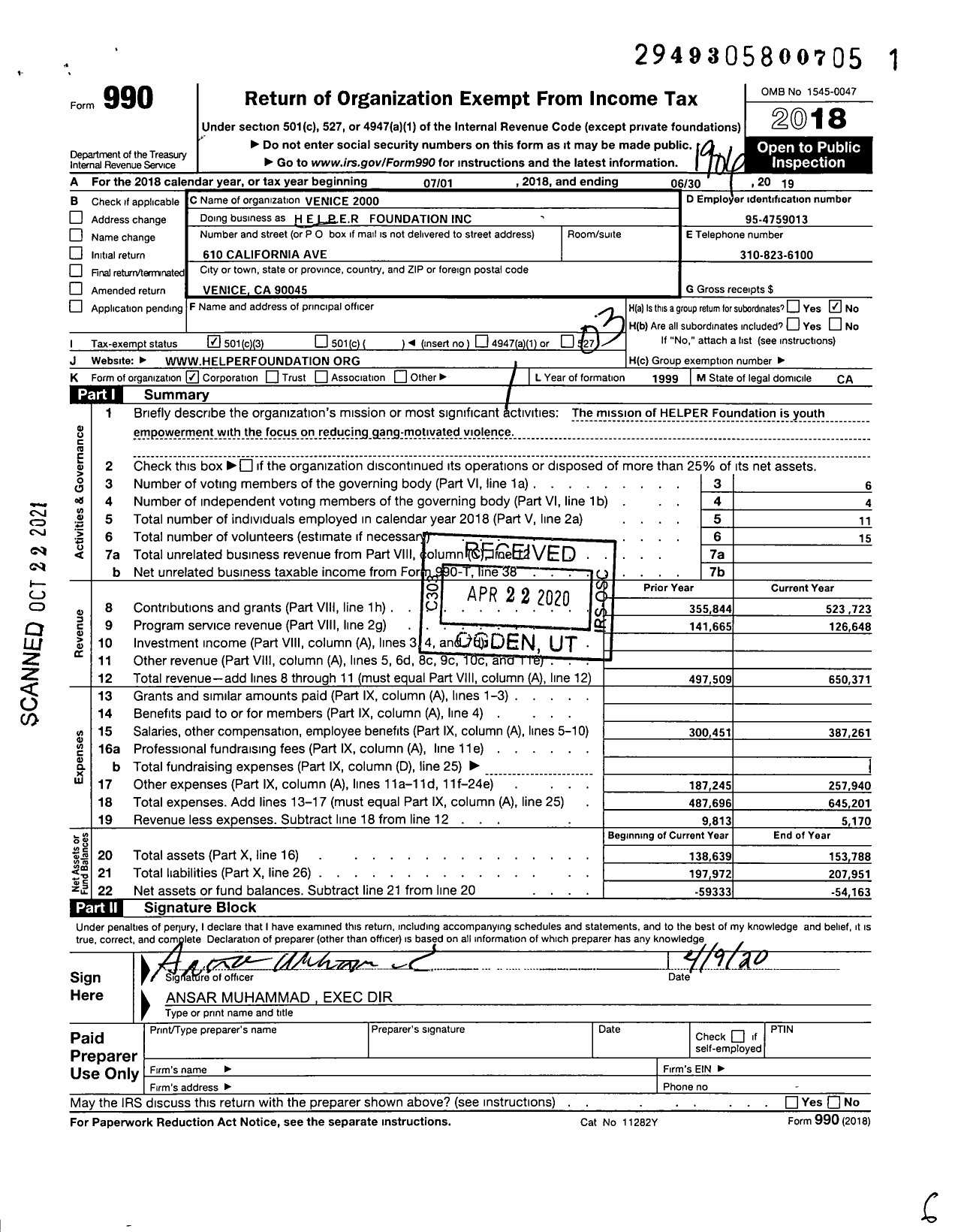 Image of first page of 2018 Form 990 for VENICE 2000 HELPER Foundation