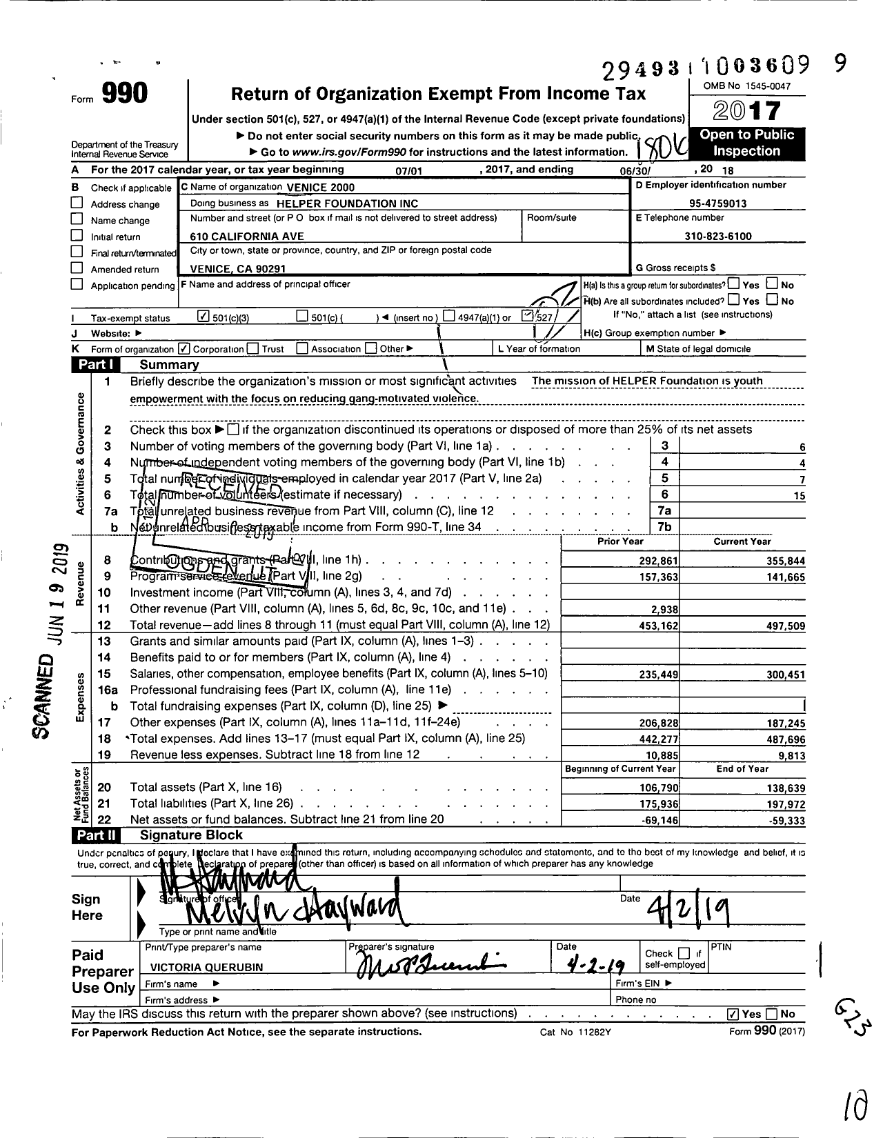 Image of first page of 2017 Form 990 for VENICE 2000 HELPER Foundation