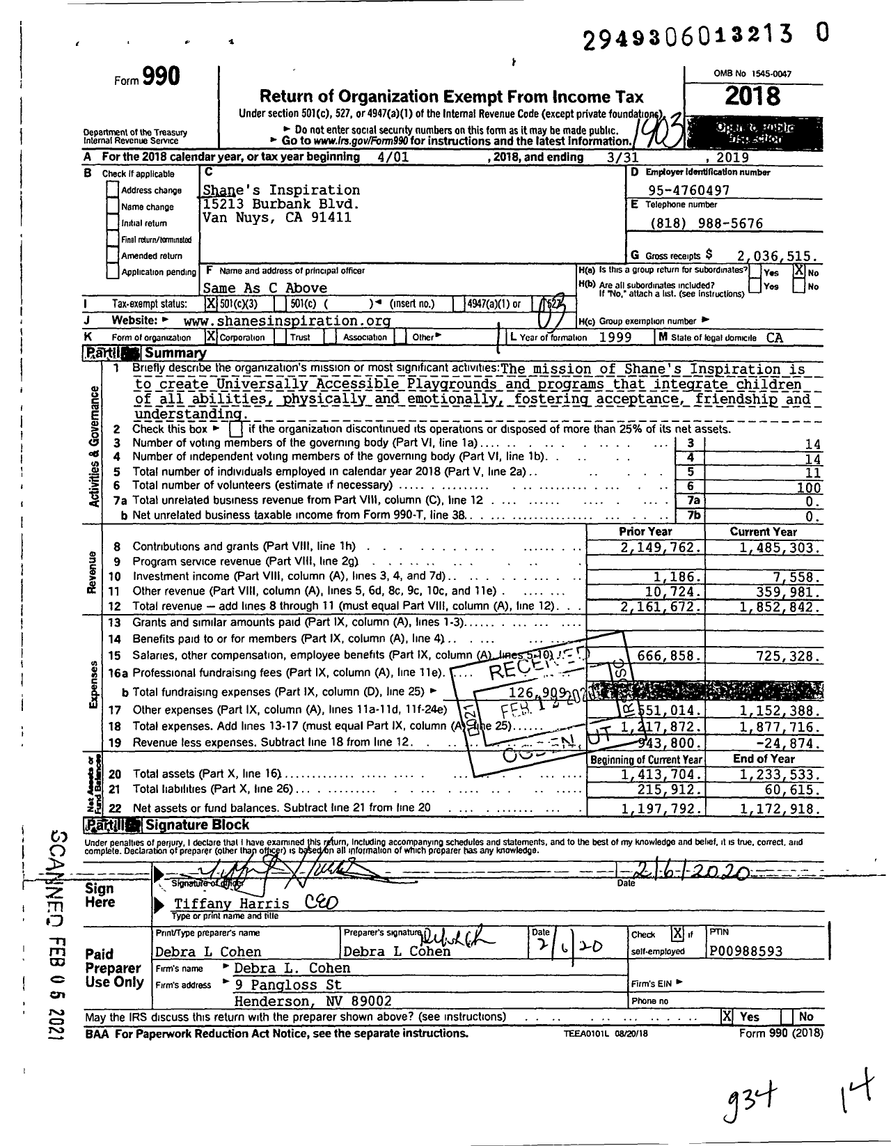 Image of first page of 2018 Form 990 for Shane's Inspiration