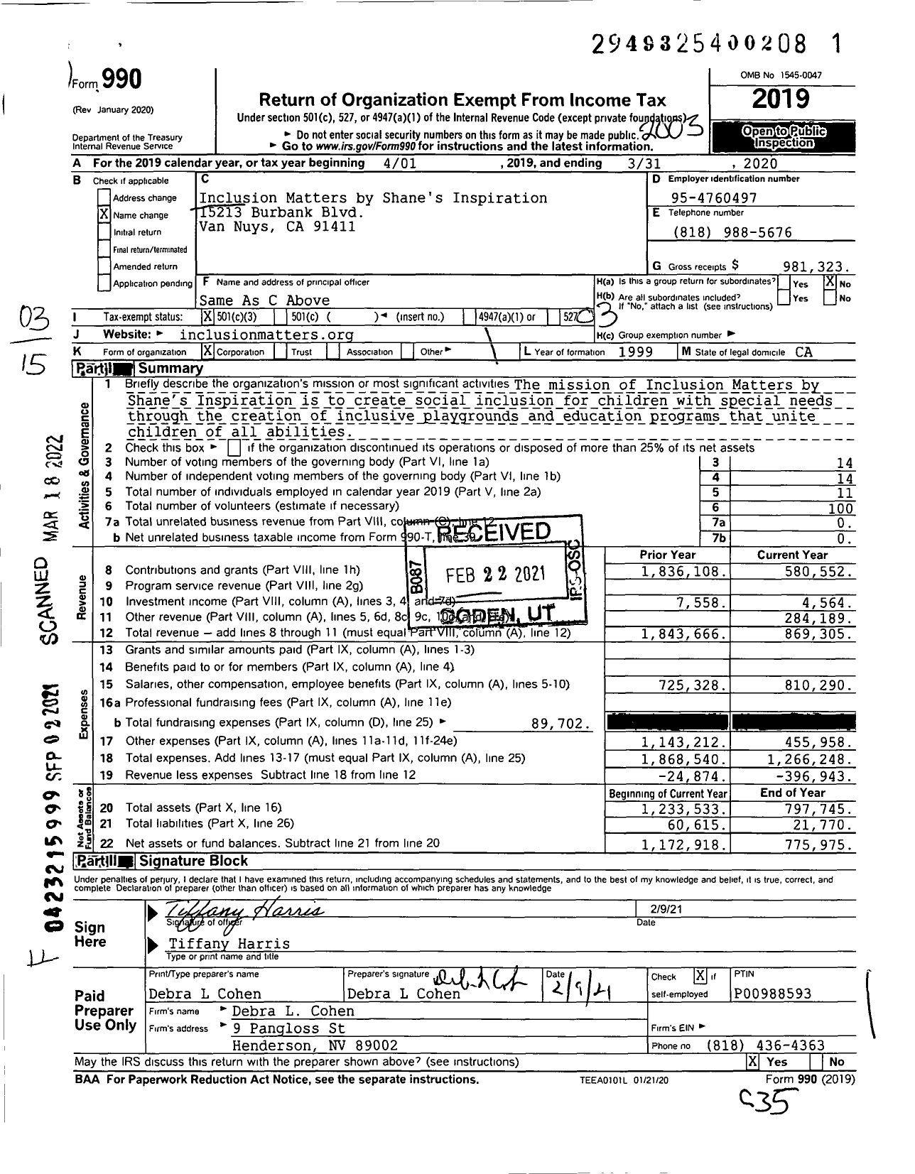 Image of first page of 2019 Form 990 for Shane's Inspiration