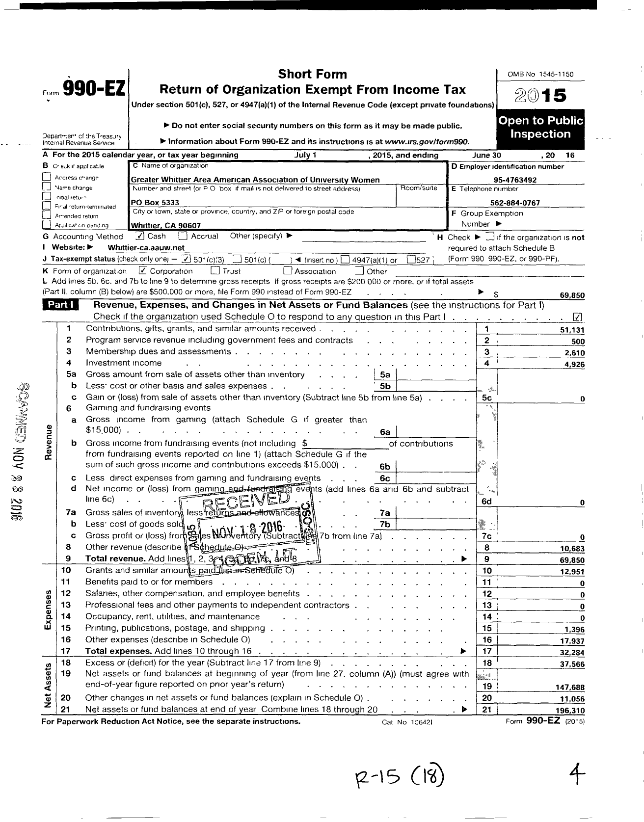 Image of first page of 2015 Form 990EZ for Greater Whittier AAUW