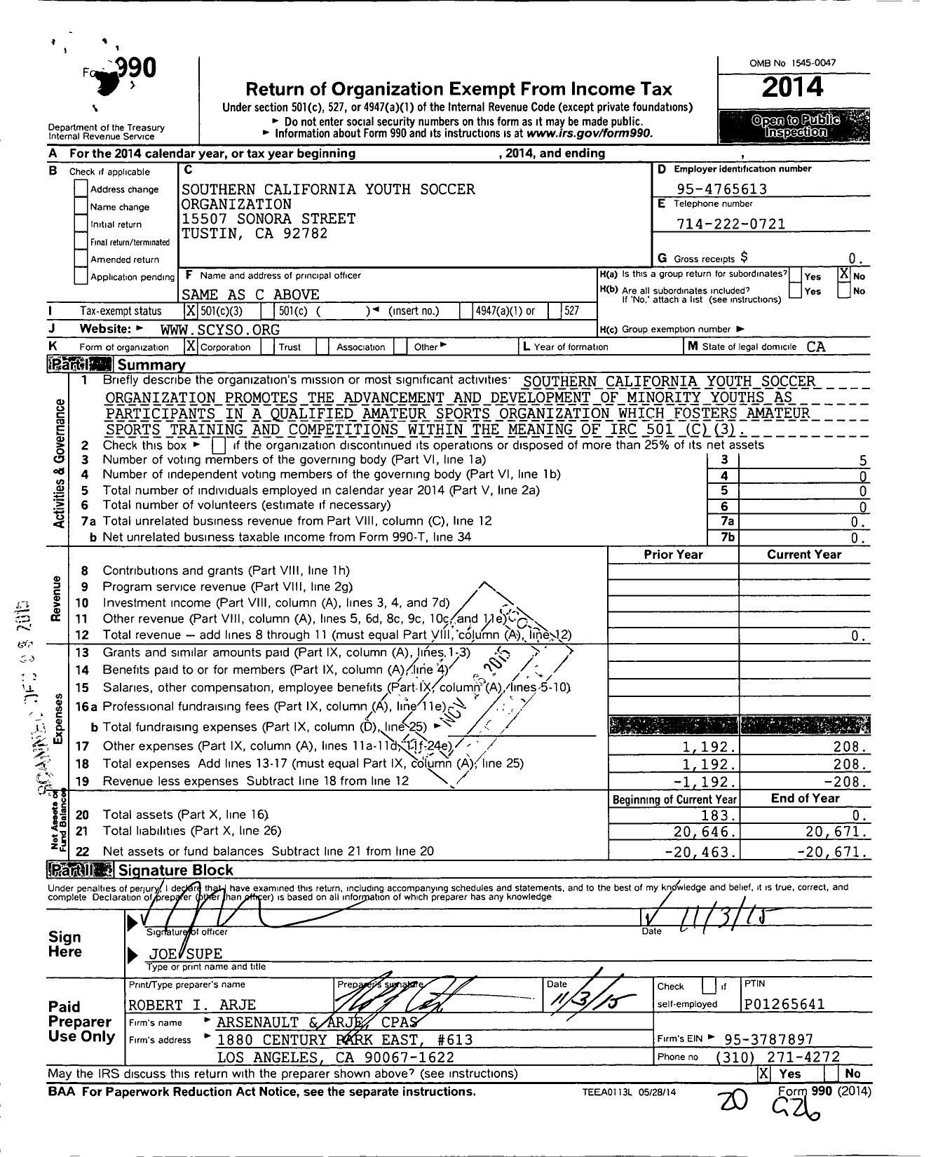 Image of first page of 2014 Form 990 for Southern California Youth Soccer Organization