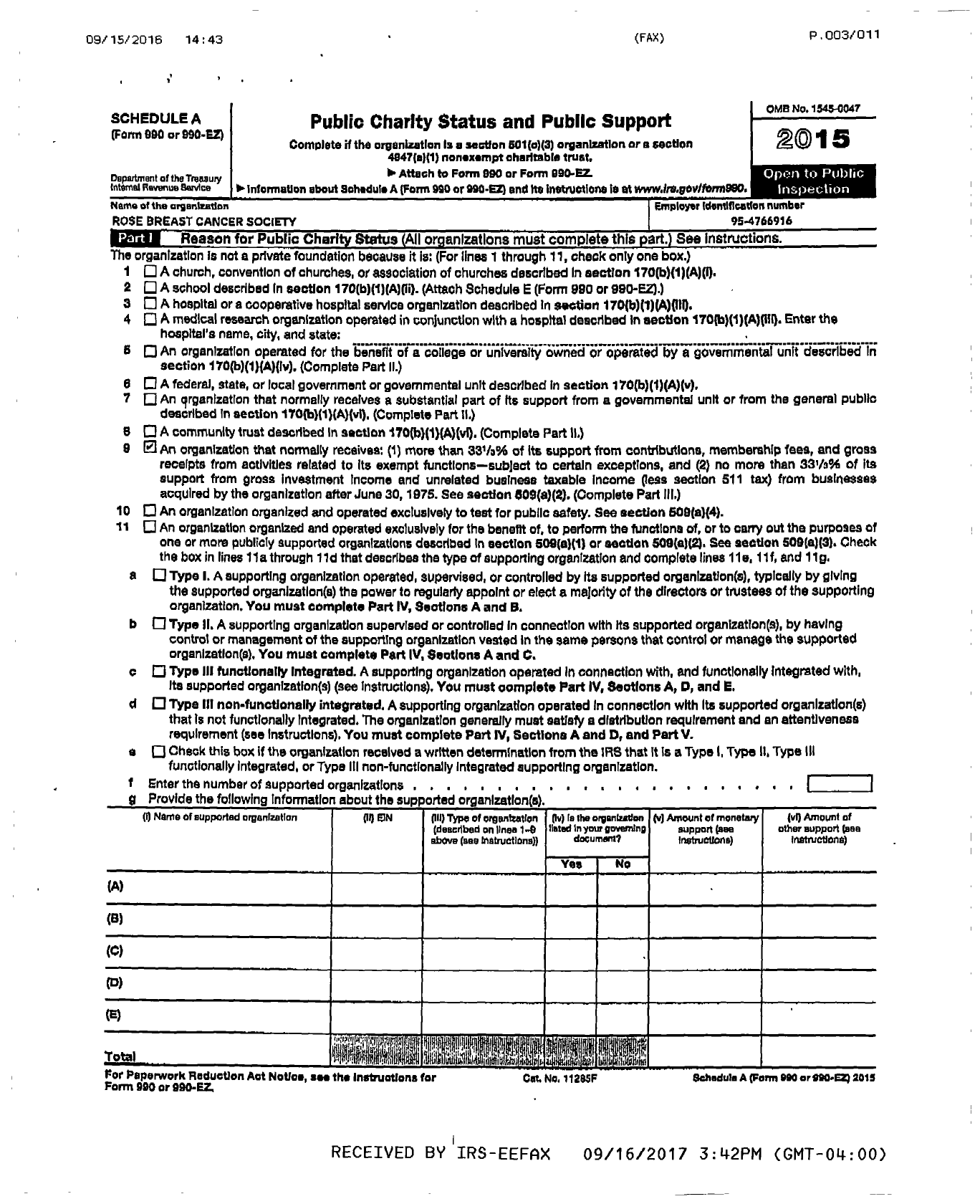 Image of first page of 2015 Form 990ER for Rose Breast Cancer Society