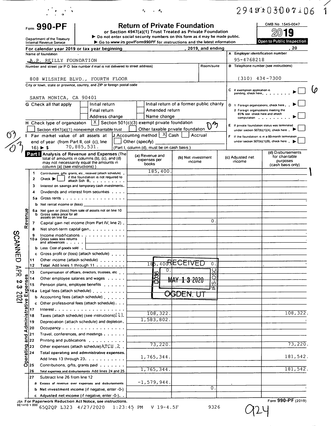 Image of first page of 2019 Form 990PF for Ap Reilly Foundation