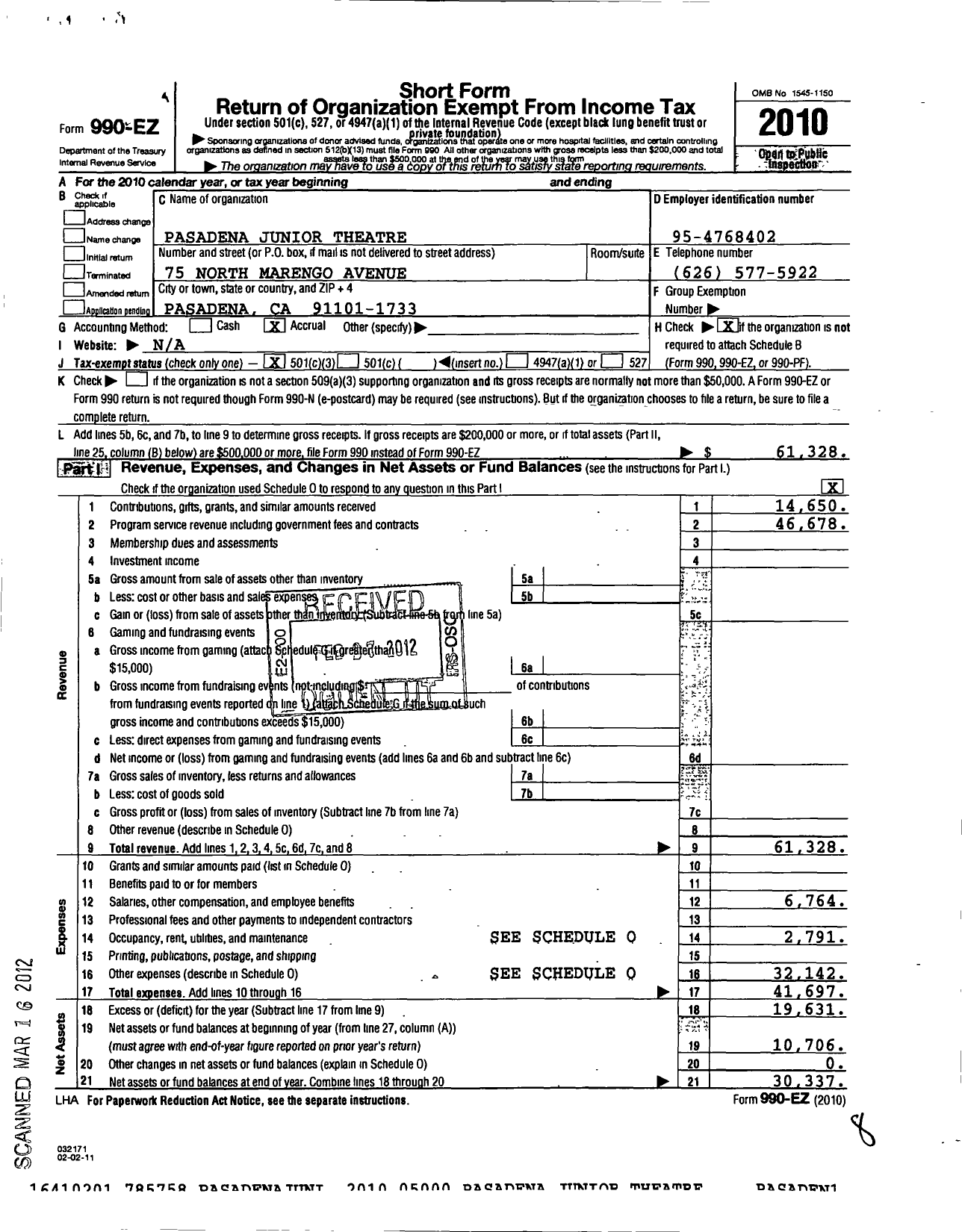 Image of first page of 2010 Form 990EZ for Pasadena Junior Theatre