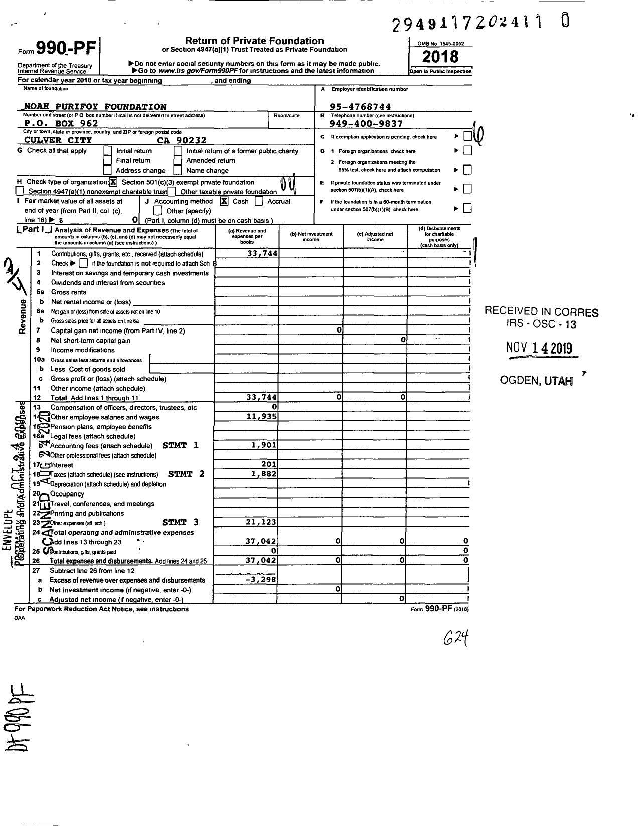 Image of first page of 2018 Form 990PR for Noah Purifoy Foundation