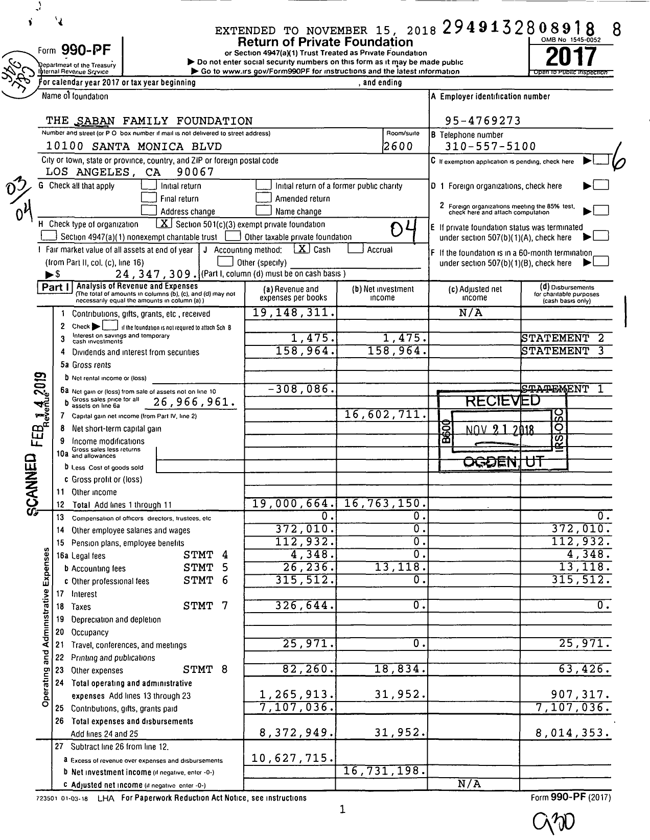 Image of first page of 2017 Form 990PF for The Saban Family Foundation