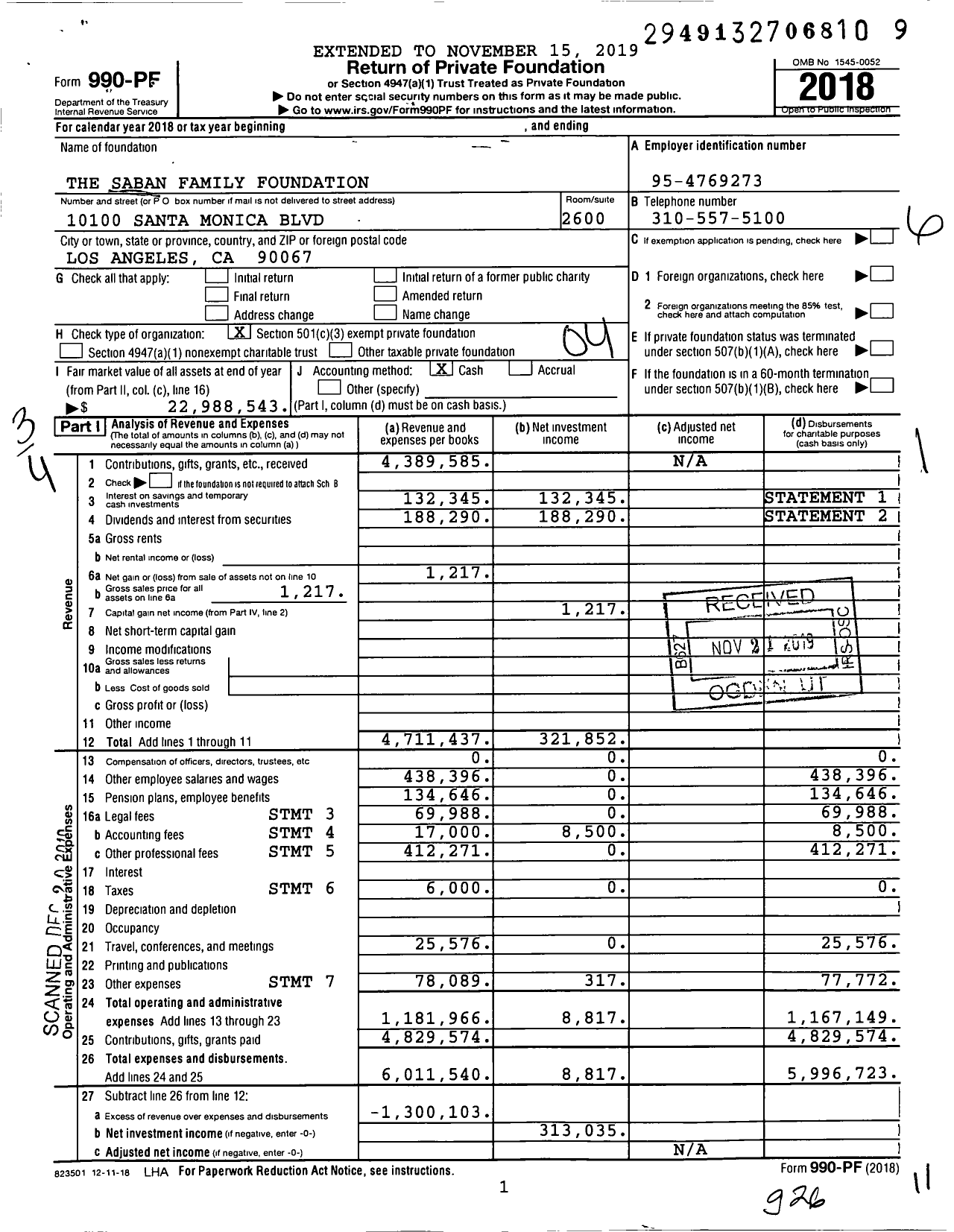 Image of first page of 2018 Form 990PF for The Saban Family Foundation