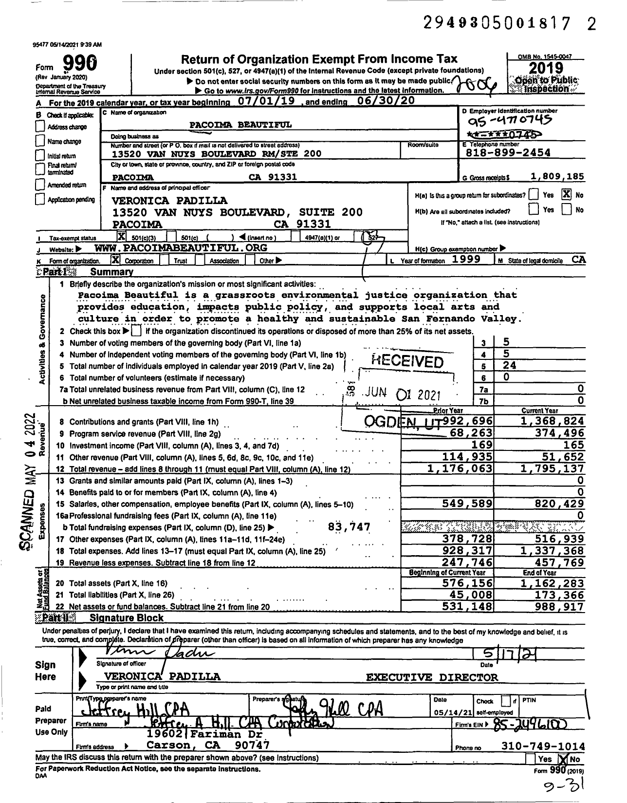 Image of first page of 2019 Form 990 for Pacoima Beautiful