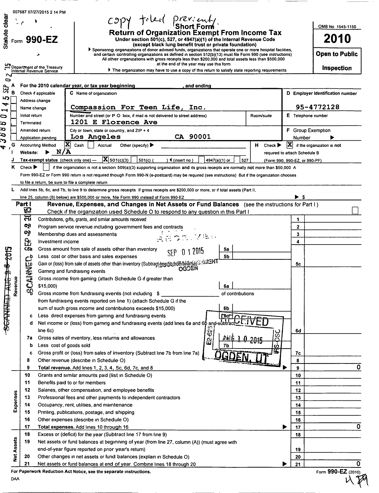 Image of first page of 2010 Form 990EZ for Compassion for Teen Life