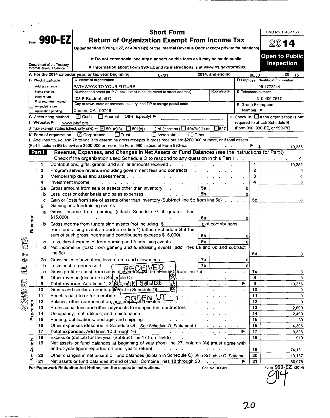 Image of first page of 2014 Form 990EZ for Pathways To Your Future