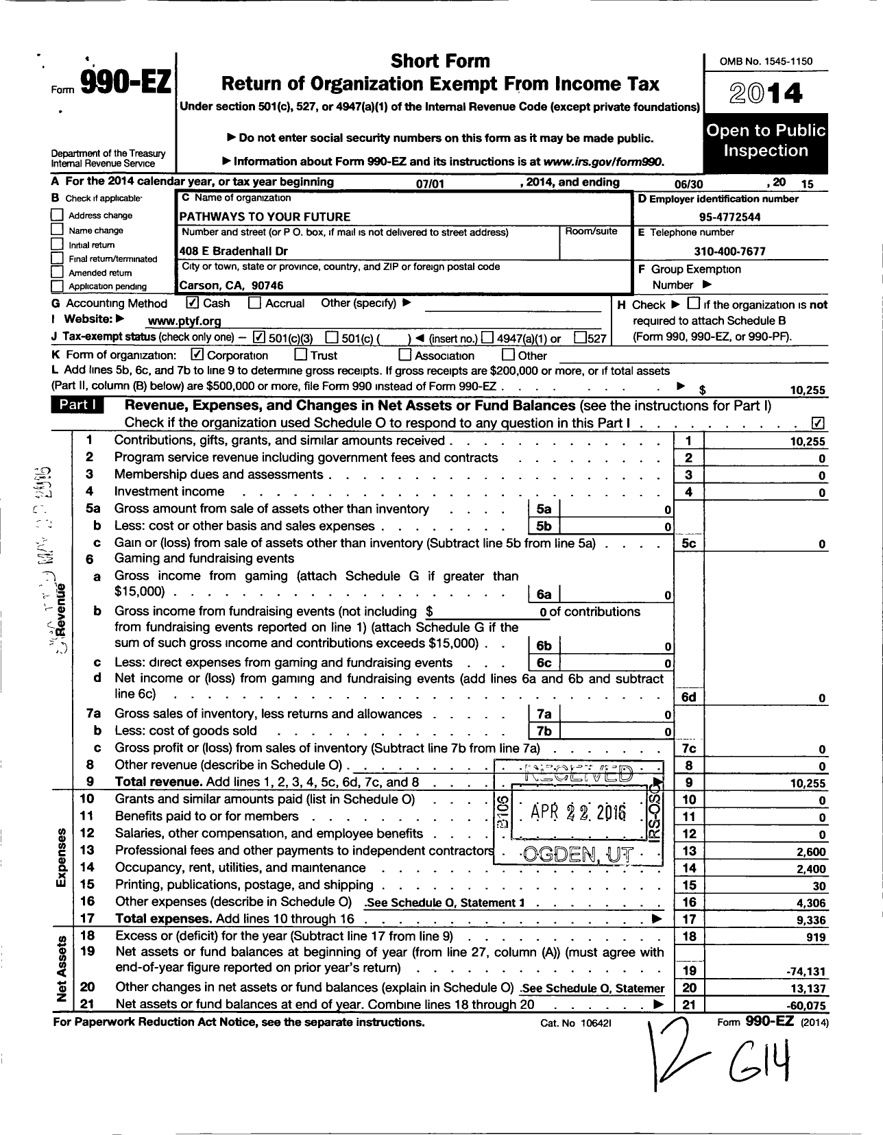 Image of first page of 2014 Form 990EZ for Pathways To Your Future