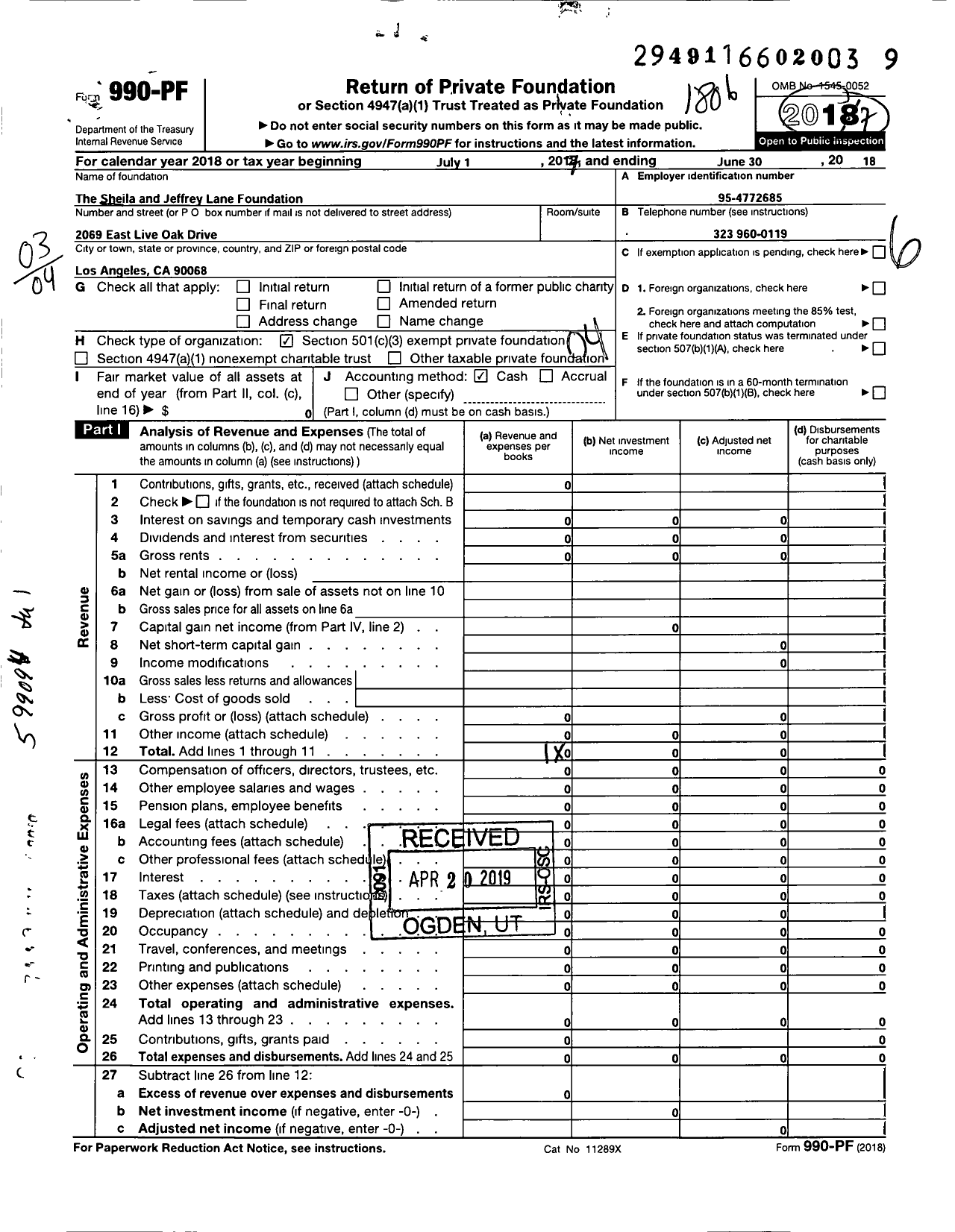 Image of first page of 2017 Form 990PF for The Sheila and Jeffrey Lane Foundation