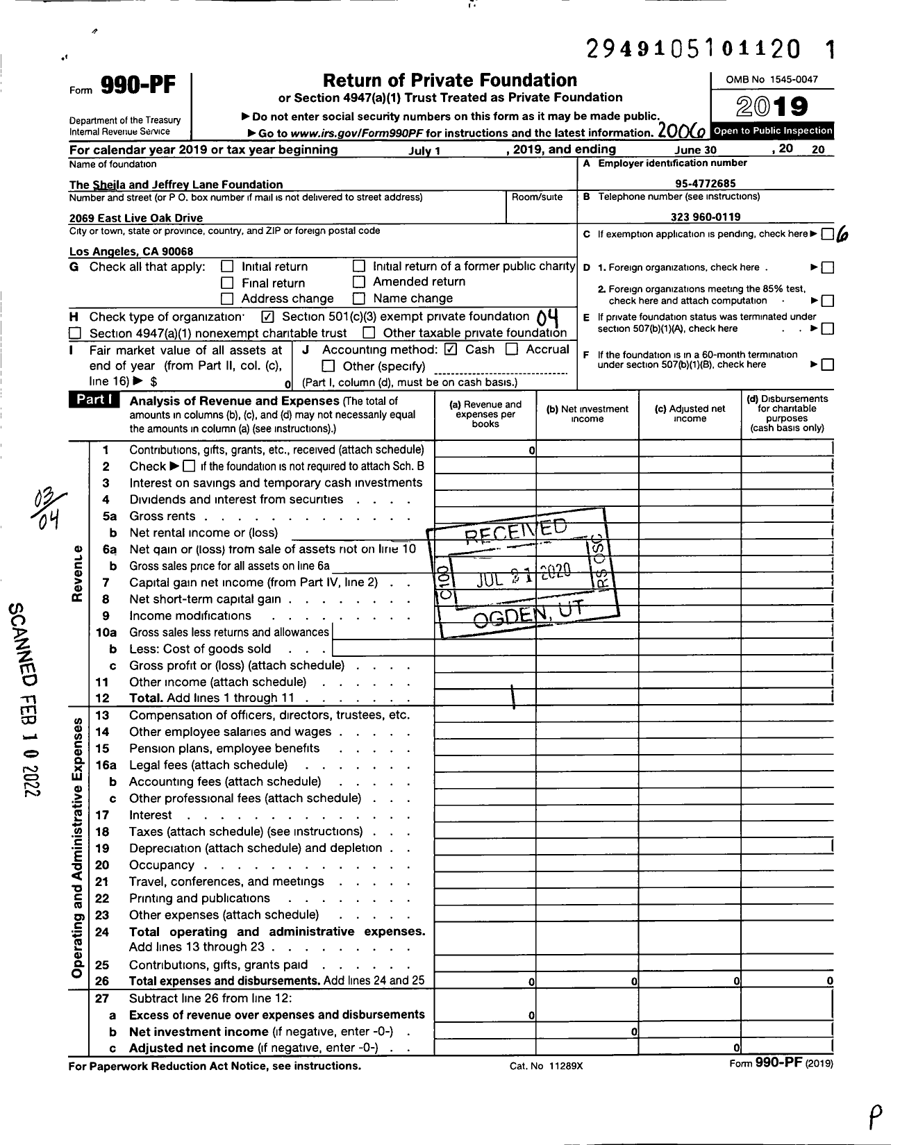 Image of first page of 2019 Form 990PF for Sheila and Jeffrey Lane Foundation