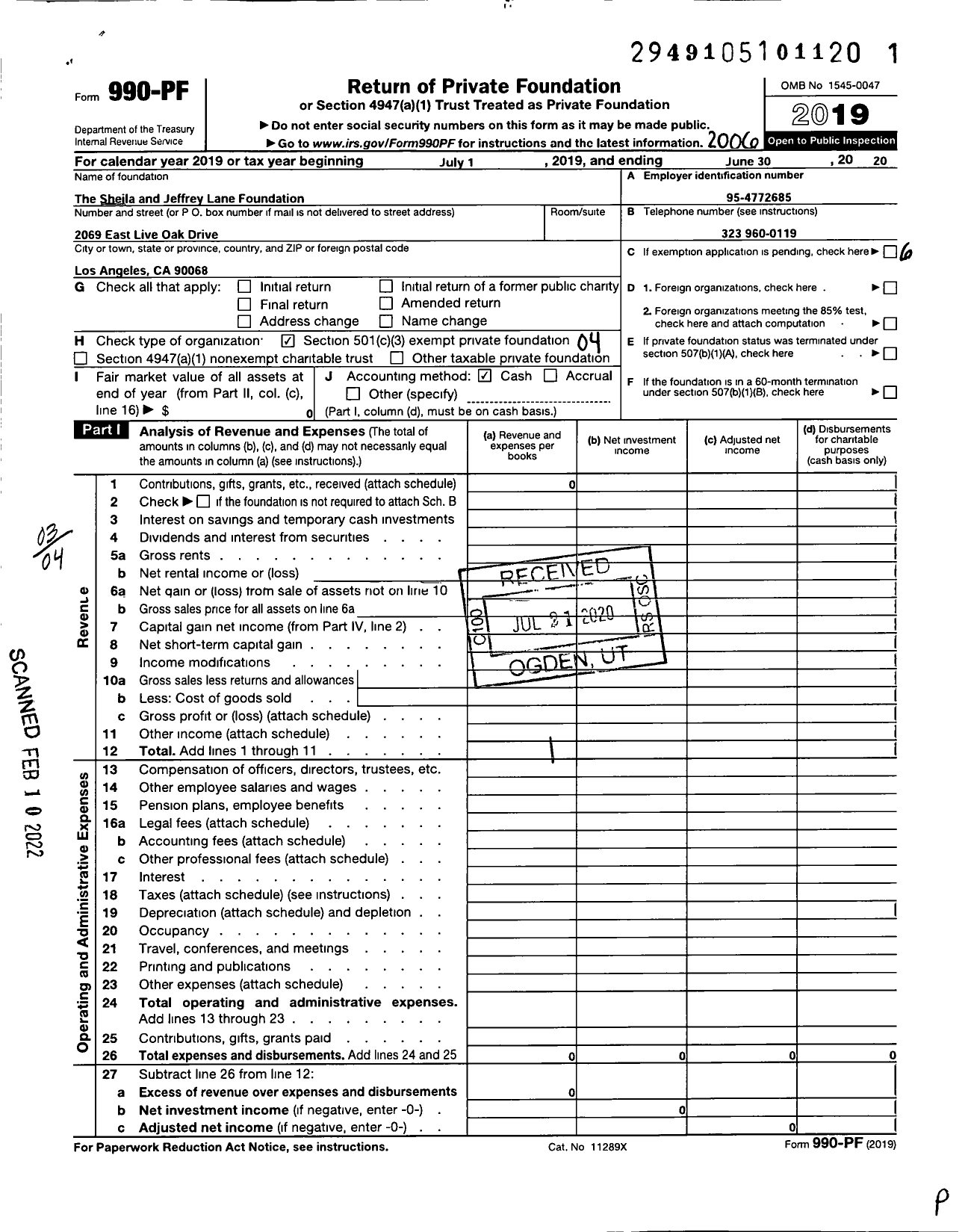 Image of first page of 2019 Form 990PF for The Sheila and Jeffrey Lane Foundation