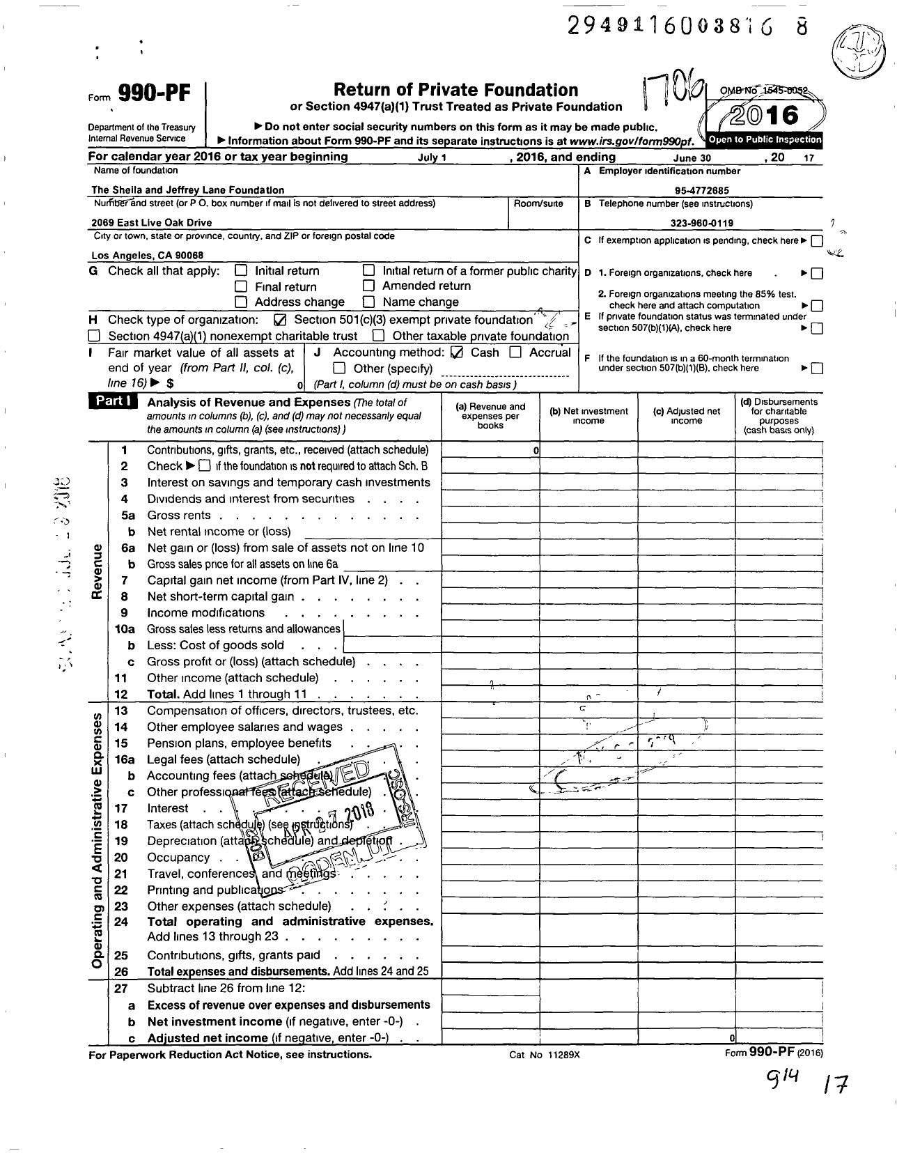 Image of first page of 2016 Form 990PF for The Sheila and Jeffrey Lane Foundation