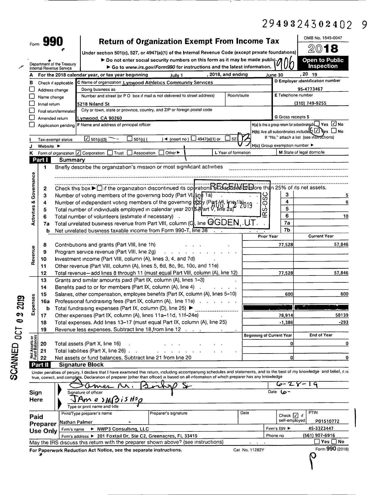 Image of first page of 2018 Form 990 for Lynwood Athletics Community Services