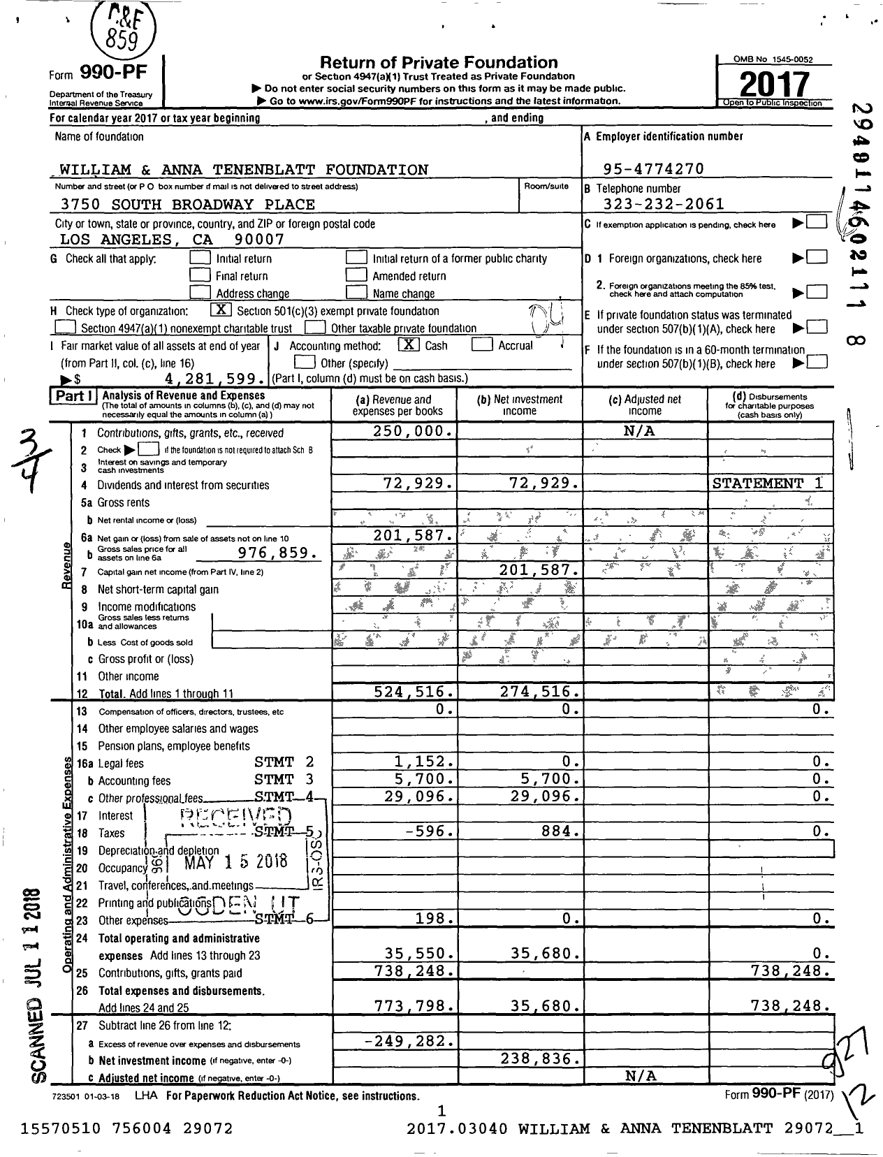 Image of first page of 2017 Form 990PF for William and Anna Tenenblatt Foundation