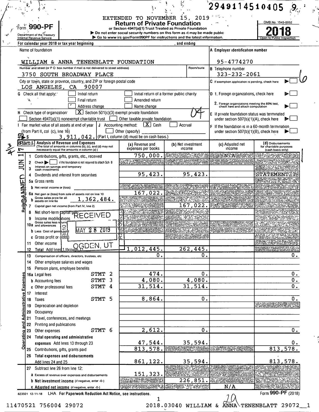 Image of first page of 2018 Form 990PF for William and Anna Tenenblatt Foundation