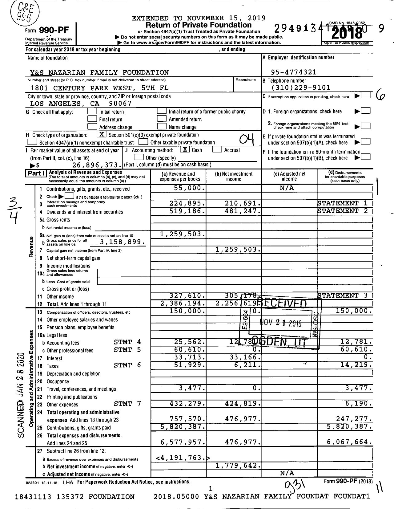 Image of first page of 2018 Form 990PF for Y&S Nazarian Family Foundation