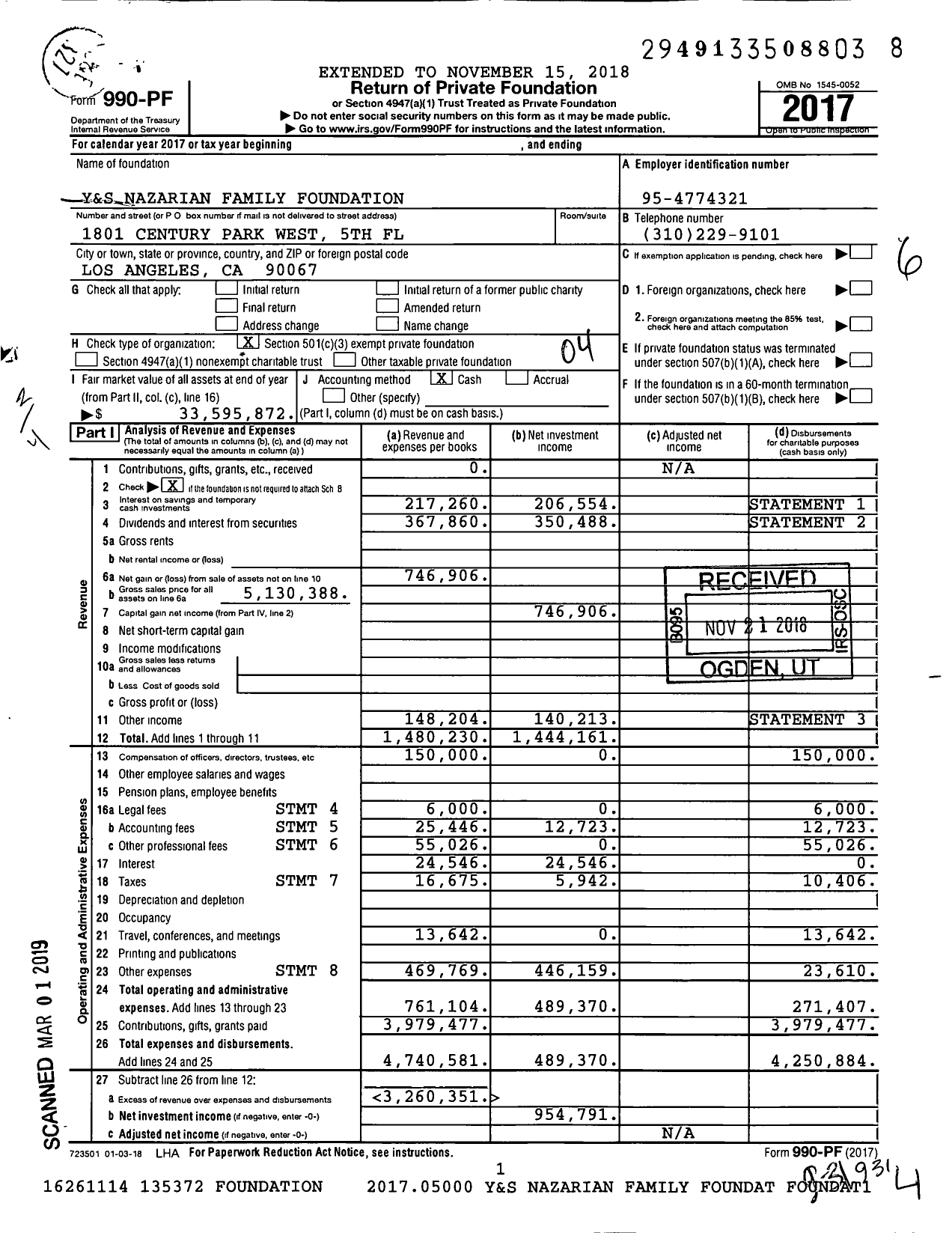 Image of first page of 2017 Form 990PF for Y&S Nazarian Family Foundation