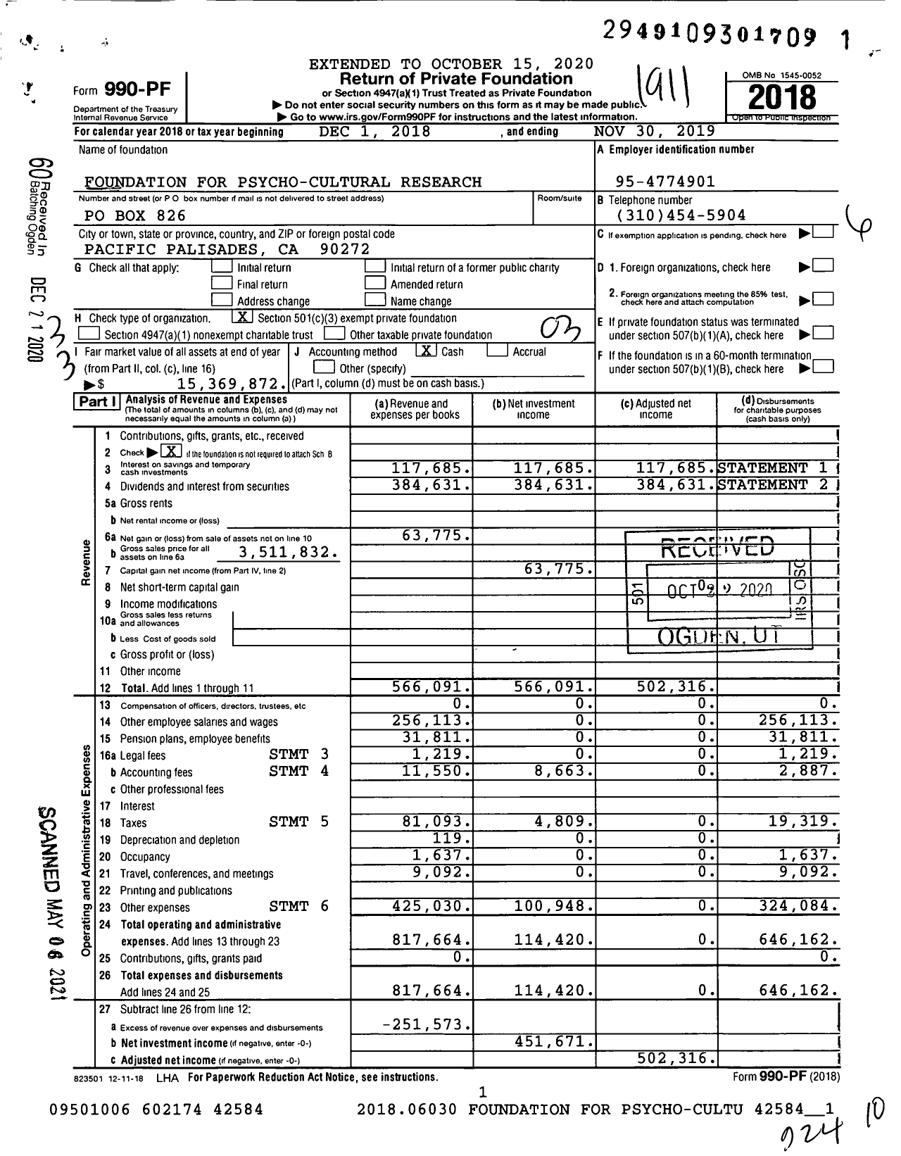 Image of first page of 2018 Form 990PF for Foundation for Psycho-Cultural Research