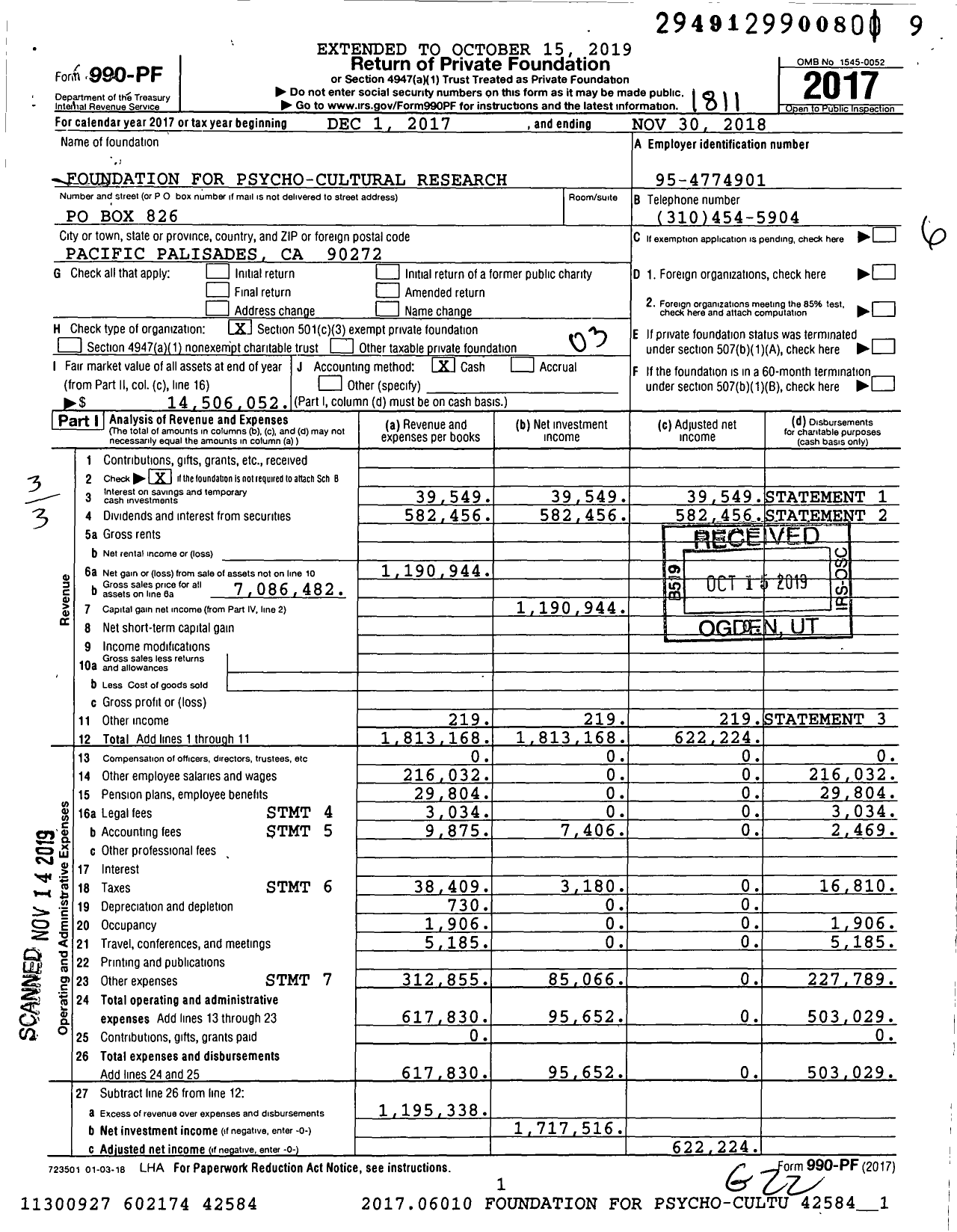 Image of first page of 2017 Form 990PF for Foundation for Psycho-Cultural Research