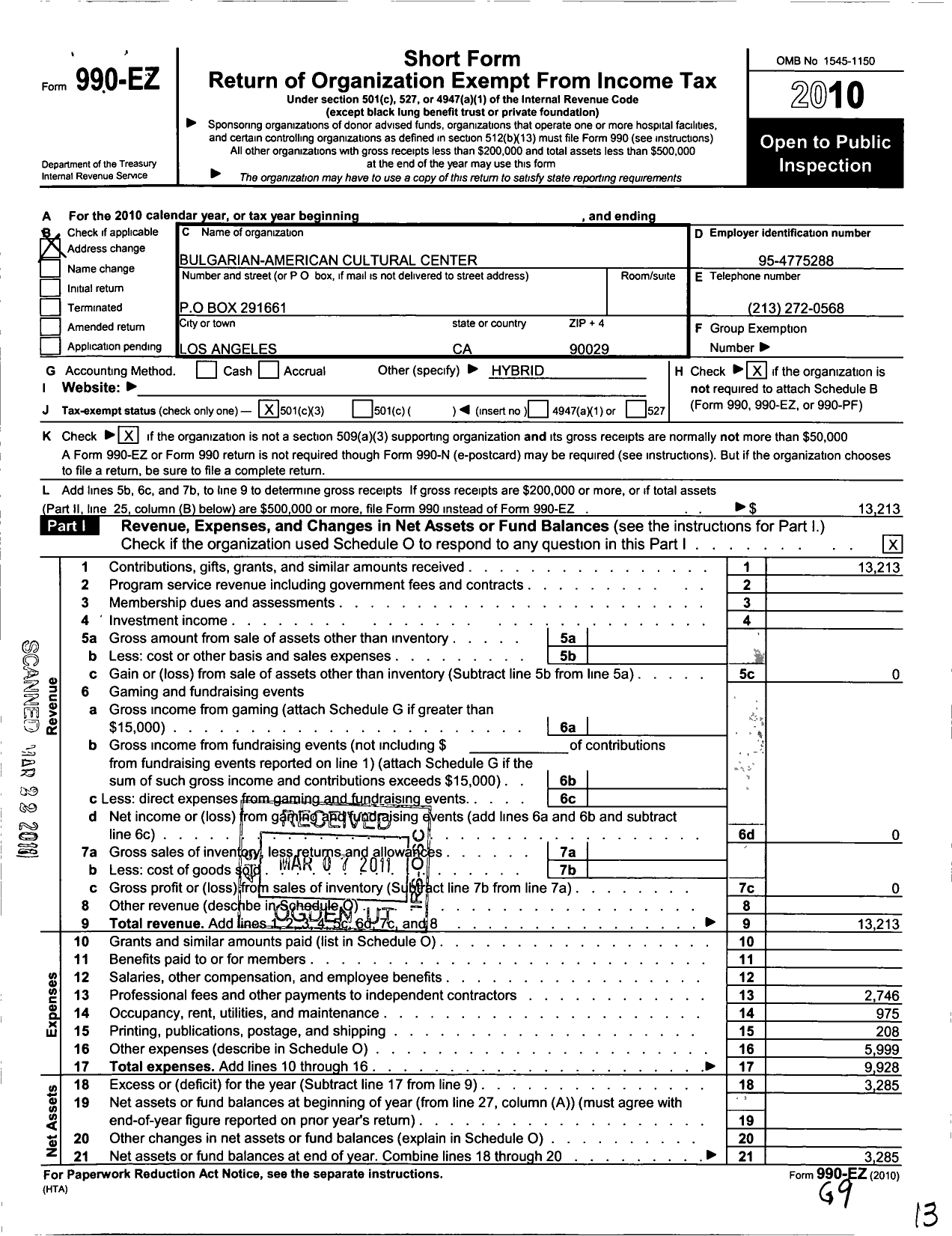 Image of first page of 2010 Form 990EZ for Bulgarian-American Cultural Center