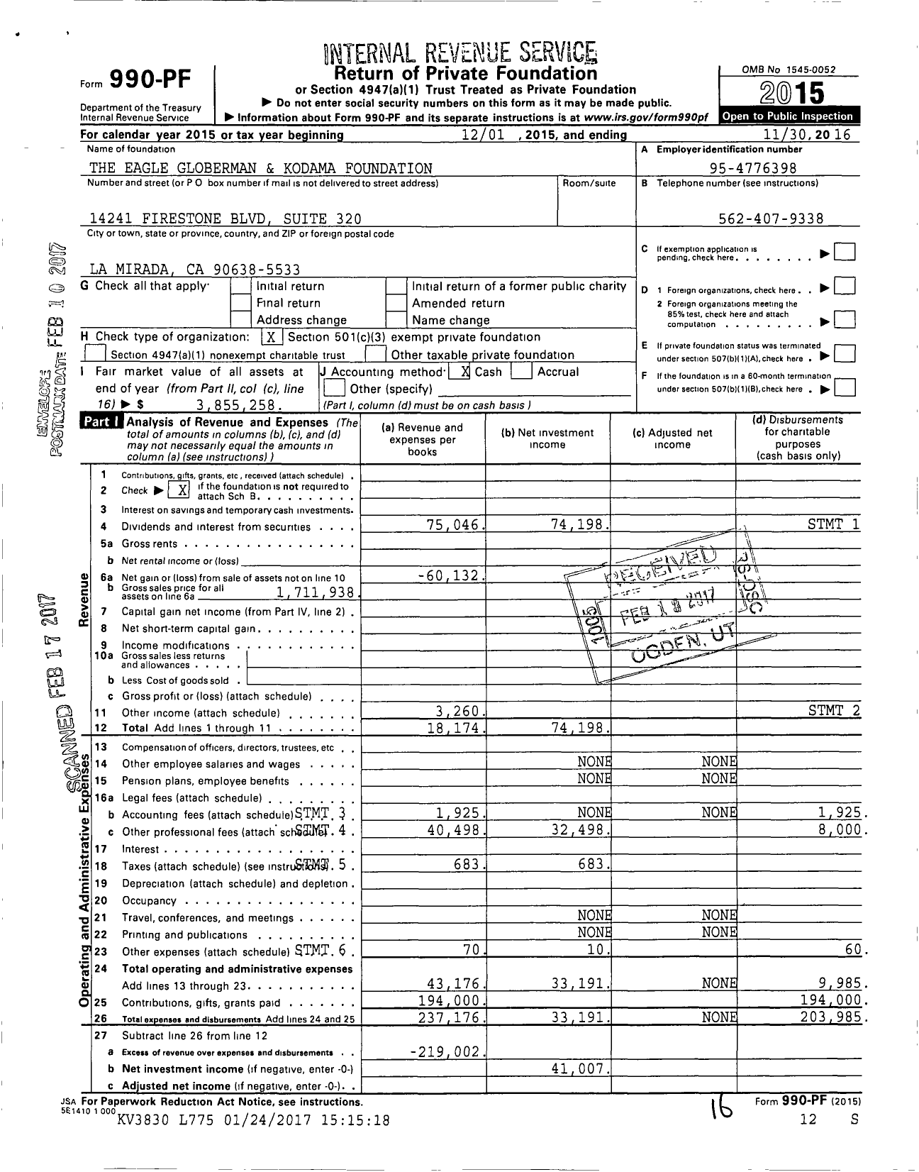 Image of first page of 2015 Form 990PF for The Eagle Globerman and Kodama Foundation