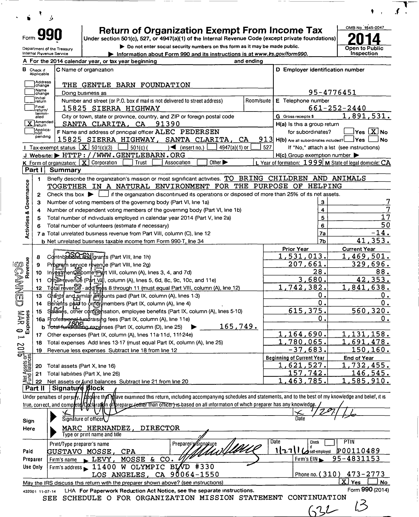 Image of first page of 2014 Form 990 for Gentle Barn