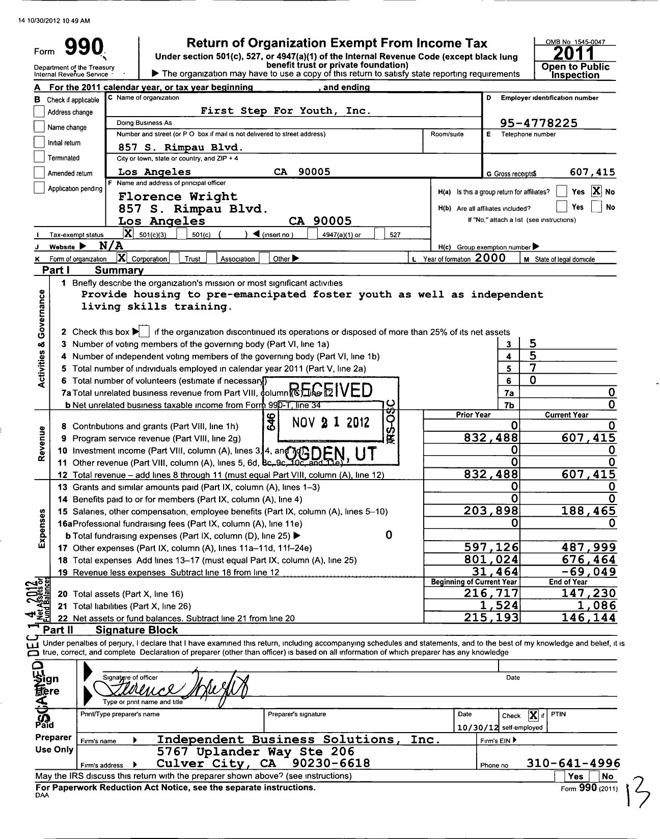 Image of first page of 2011 Form 990 for First Steps for Youth