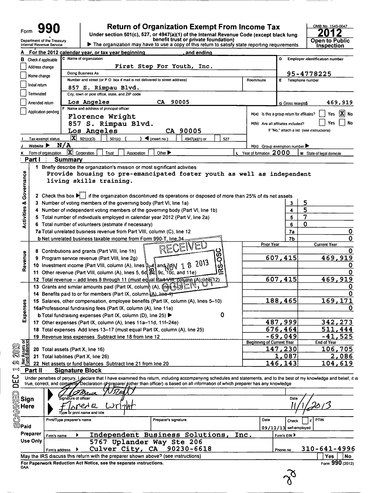 Image of first page of 2012 Form 990 for First Steps for Youth