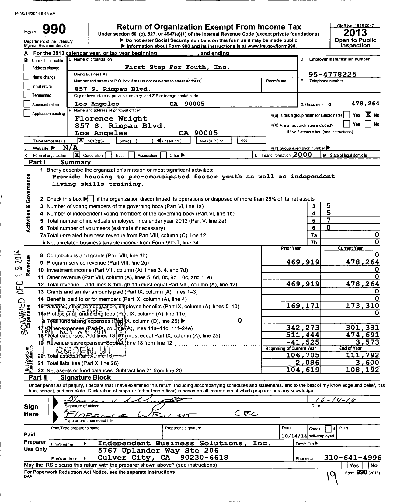 Image of first page of 2013 Form 990 for First Steps for Youth