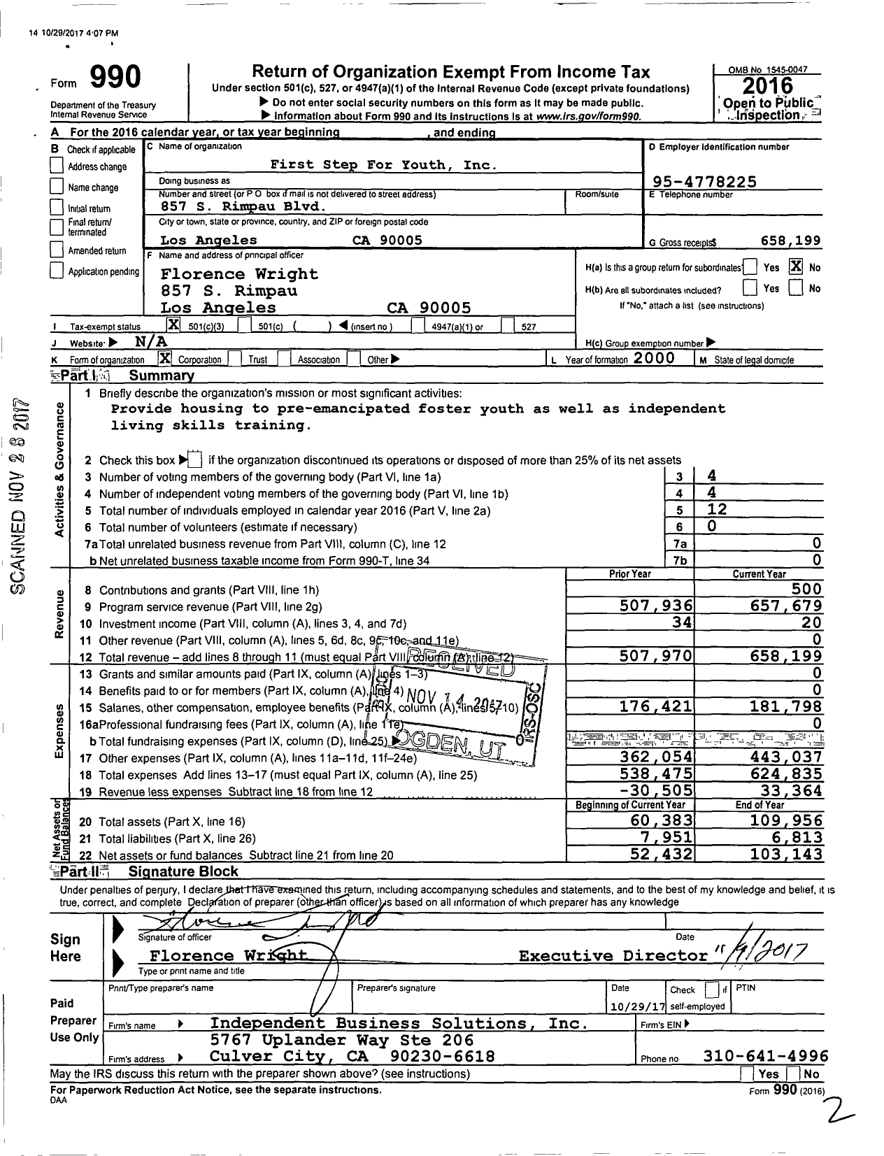 Image of first page of 2016 Form 990 for First Steps for Youth