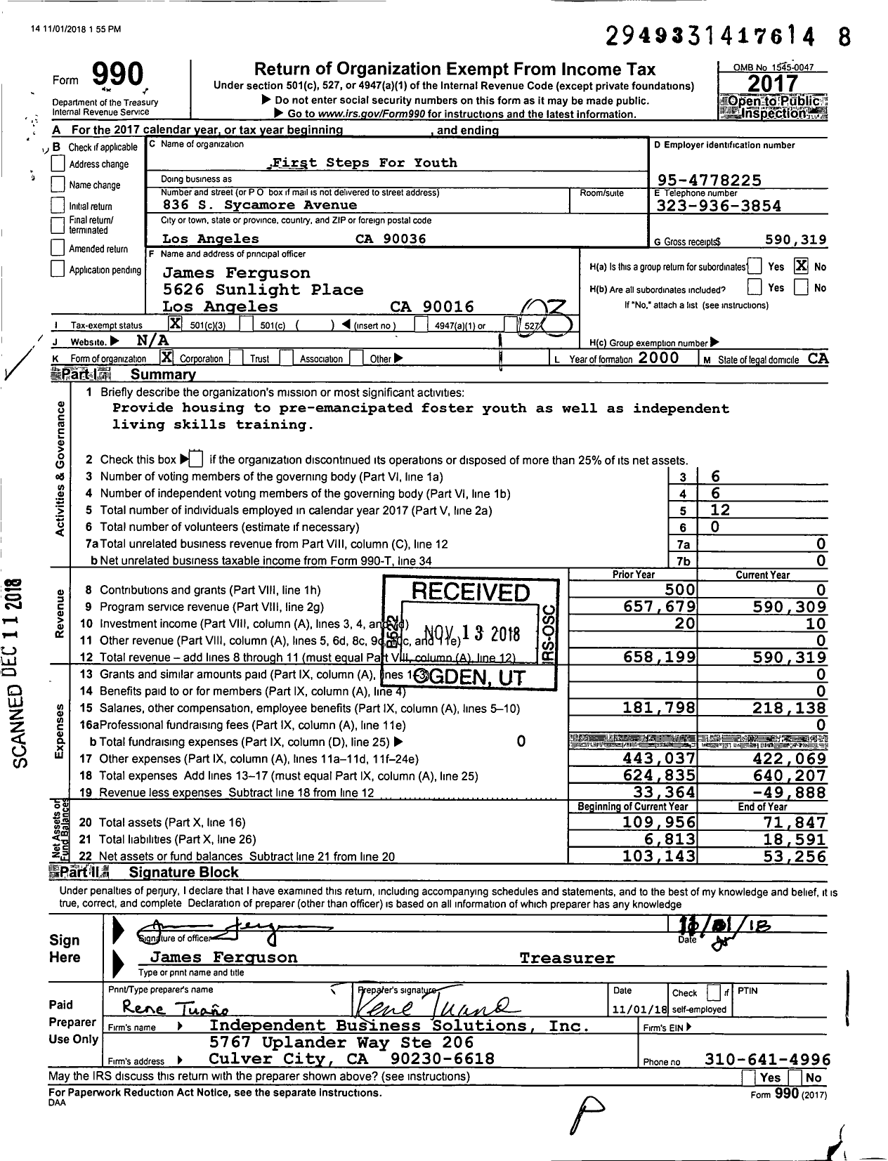 Image of first page of 2017 Form 990 for First Steps for Youth